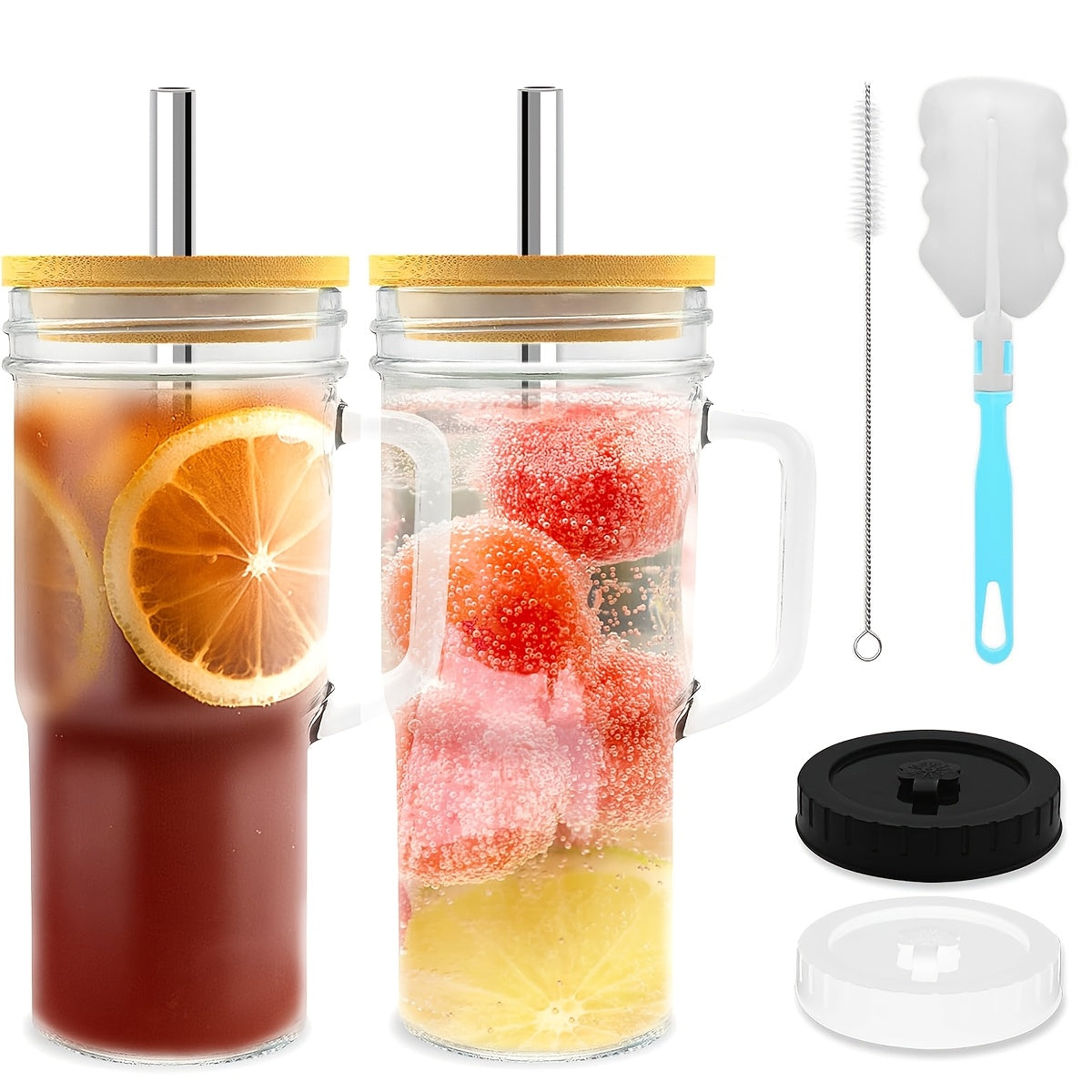 2/4 Pack 24oz Glass Mason Jar Cups with Bamboo Lids, Stainless Steel Straws, and Cleaning Brushes - Reusable Insulated Drinking Glasses with Handles, BPA-Free, Multipurpose for Hot/Cold Beverages, Tea, Beer - Ideal for Christmas, Halloween Gifts