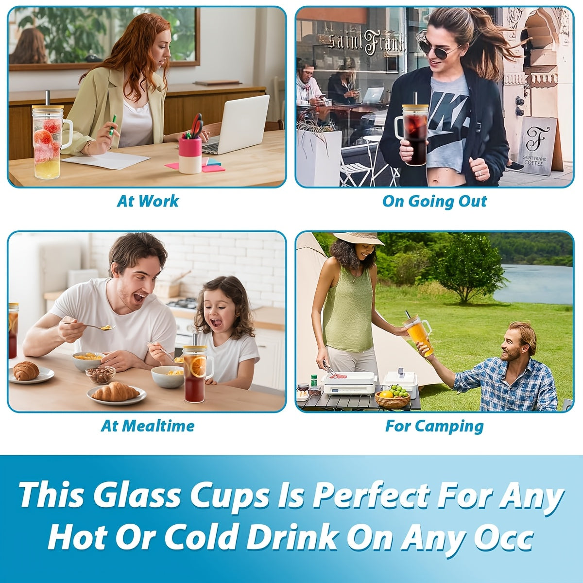 24oz Glass with Lid And Straw - Insulated Glass with Bamboo Lid And Straw, Pack Of 4