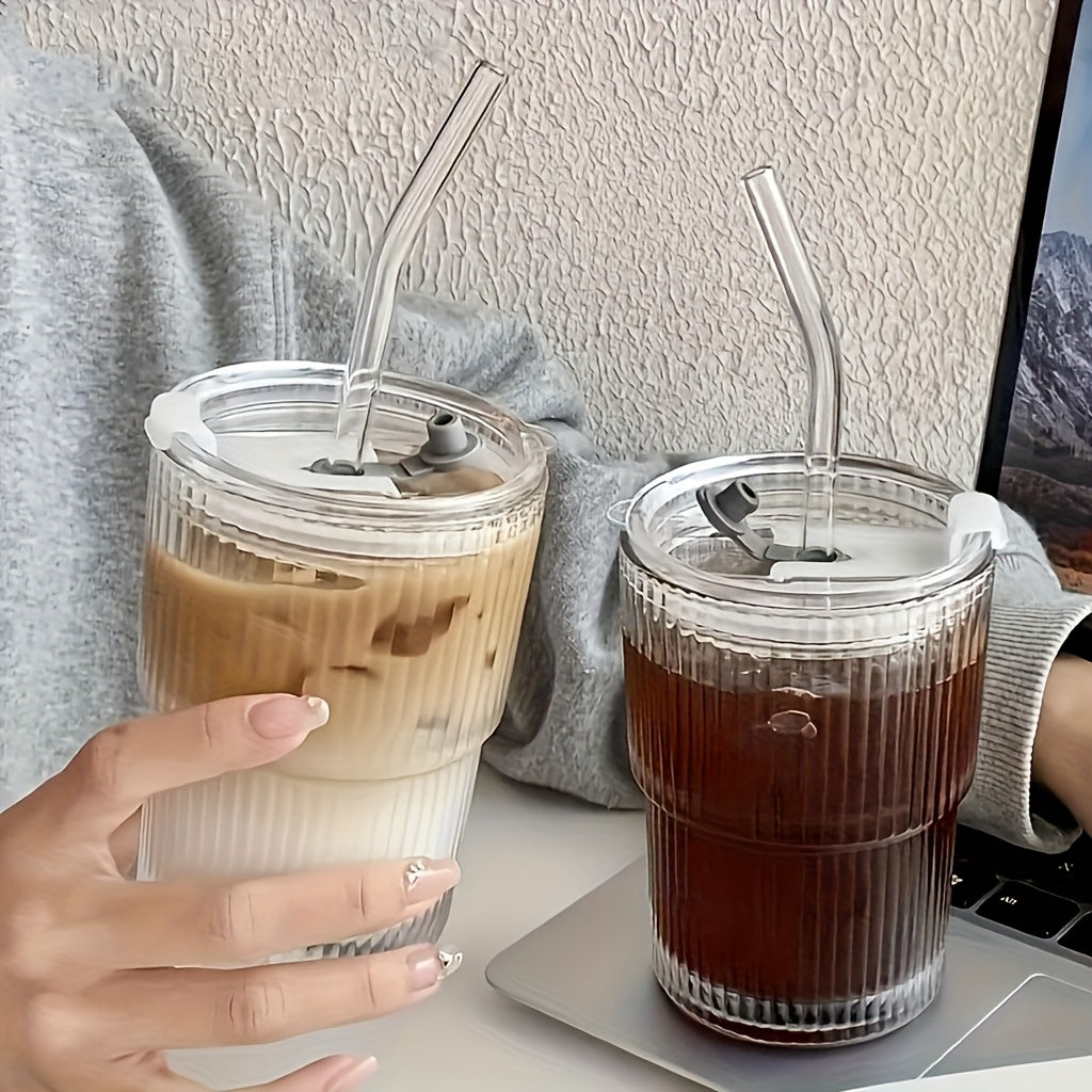 2/4pcs Premium Glass Coffee Cups with Straws and Lids, 360ml/12.17oz - Durable Drinking Glasses, Perfect for Coffee, Tea, Milk, Ideal for Home & Office Use, Holiday Gifts, Couples Gift