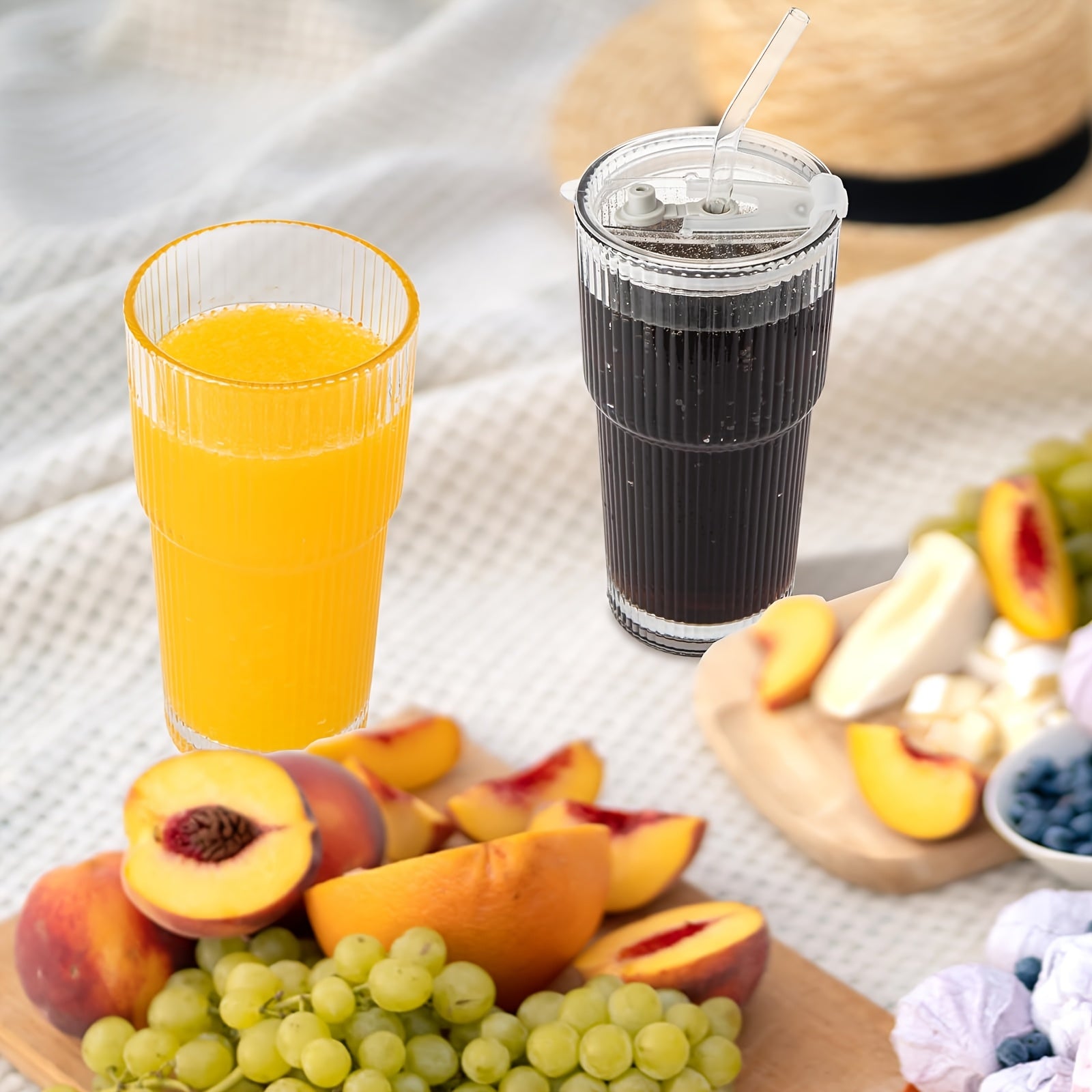 2pcs 20 Oz Ribbed Glass Tumblers With Lids And Glass Straws 4piece Glassware Set, Thickened Glass, Ideal For Iced Coffee, Smoothies, Cocktails, And Juices Elegant And Durable Drinkware