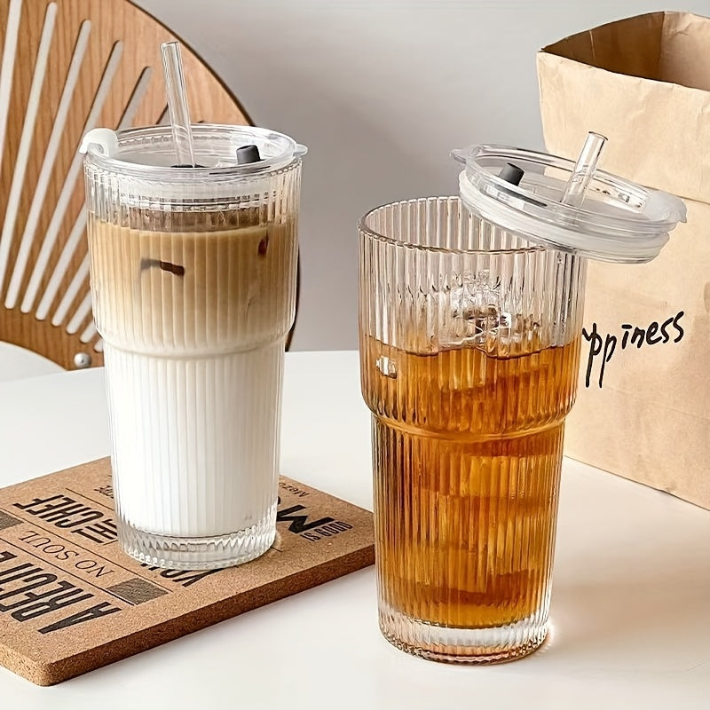 1/2 Ins Large Capacity Reusable Glass Cup with Leak-Proof Lid & Straw - Vertical Striped Design, Oval Shape for Hot & Cold Beverages - Modern Drinkware for Coffee, Tea, Juice - Perfect for Home, Office, Travel, Holiday Gifts, Office Drinkware, Stylish