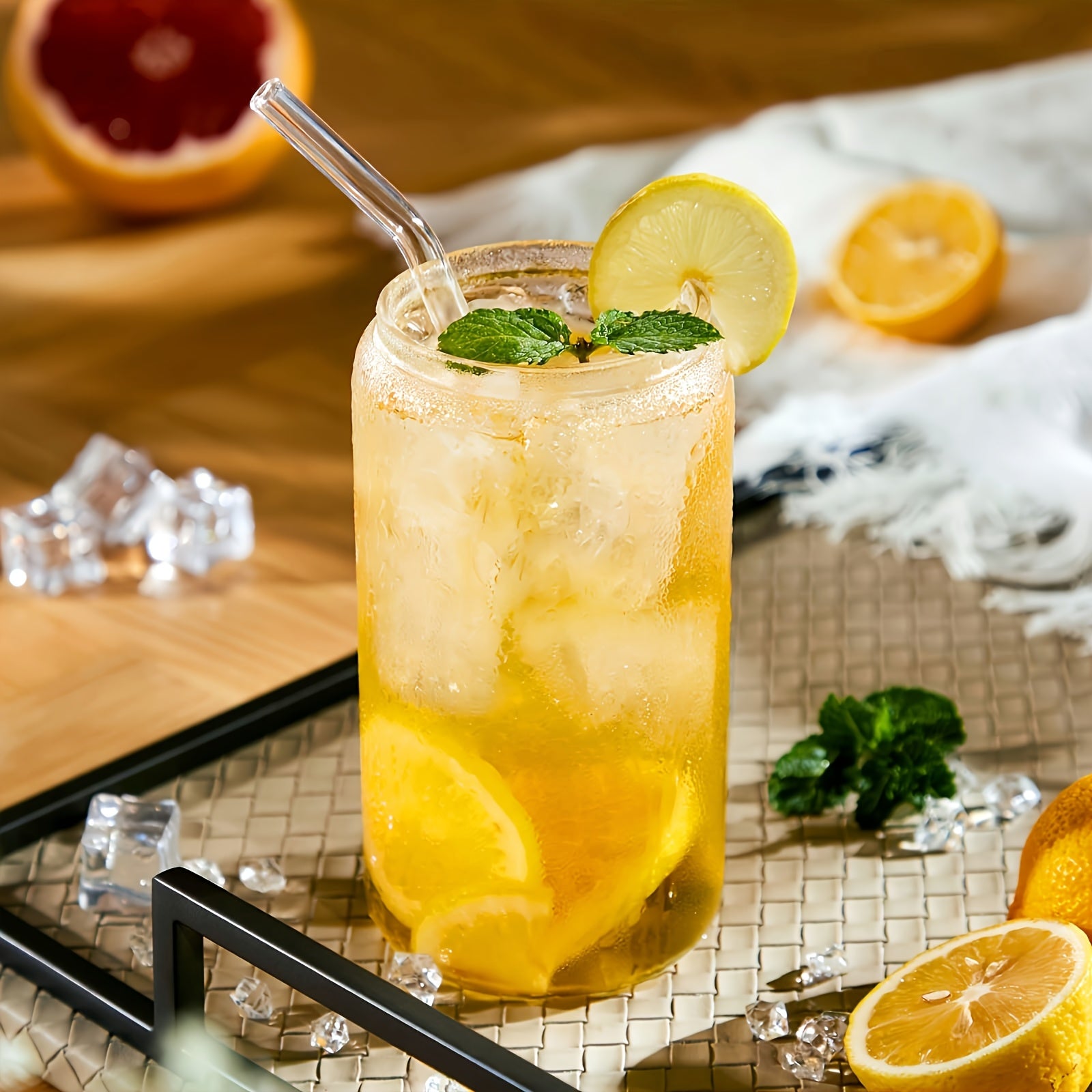 Glass Cups With Bamboo Lids And Straws 8 Set 16 Oz Reusable Iced Coffee Cup Beer Can Drinking Jars For Smoothie Boba Soda Tea, Gift, Glass Coffee Cups, Include Cleaning Brushes