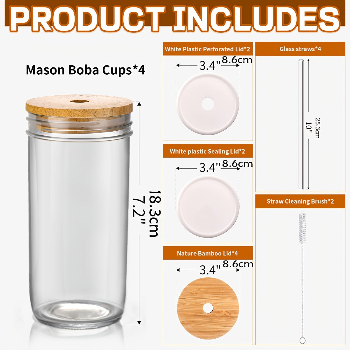 4pcs/8pcs Glass Mug Transparent Drinking Mug with Lid And Straw, with Straw Brush for Milkshake, Juice, Milk Tea, Household Glasses, Thermal Insulation And Cooling Drink Container