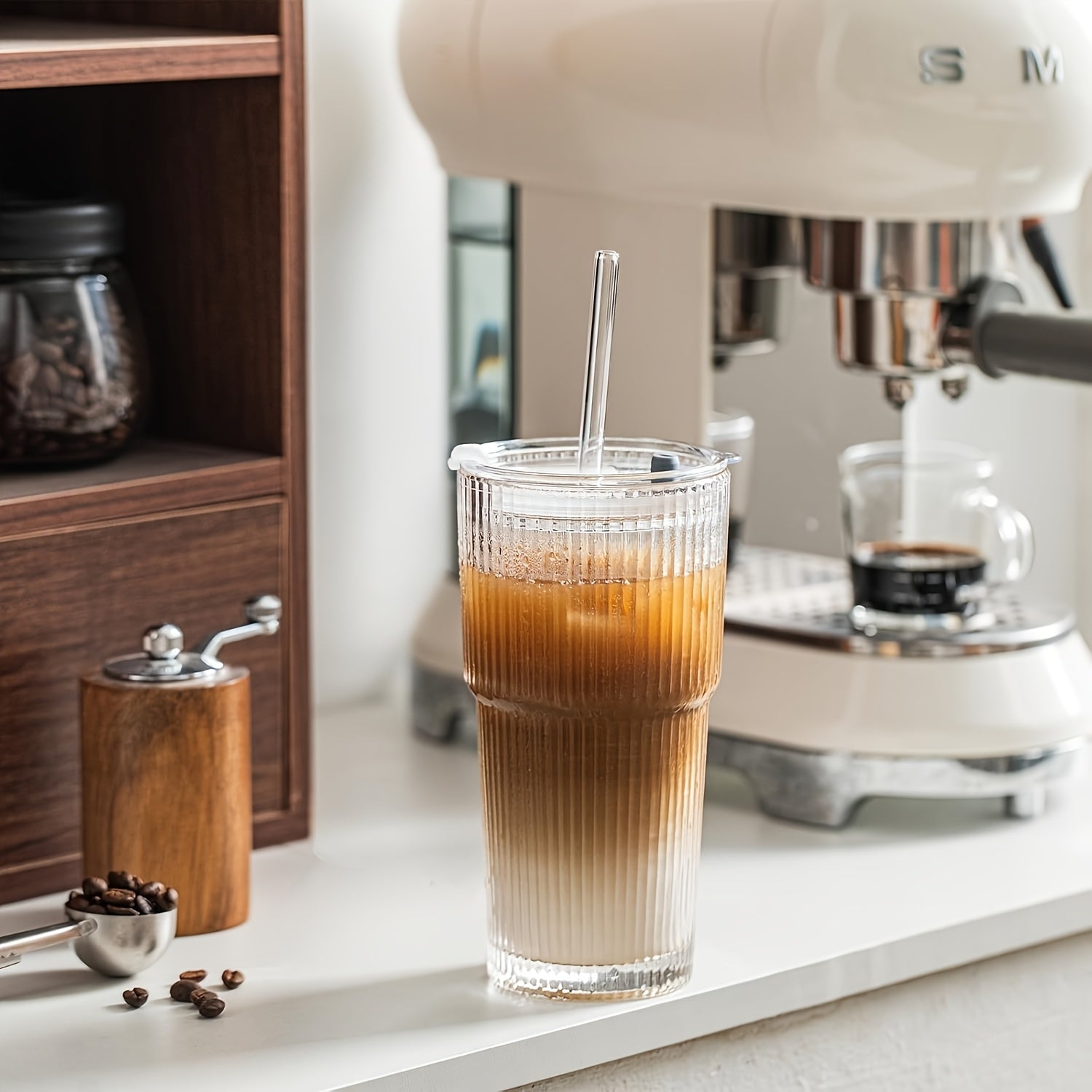 2pcs Glassware Set, 600ml/20oz Ribbed Glass Bucket With Lid And Glass Straw, Thick Glass, Perfect For Iced Coffee, Smoothies, Cocktails, And Juices - Elegant And Durable Beverage Vessel