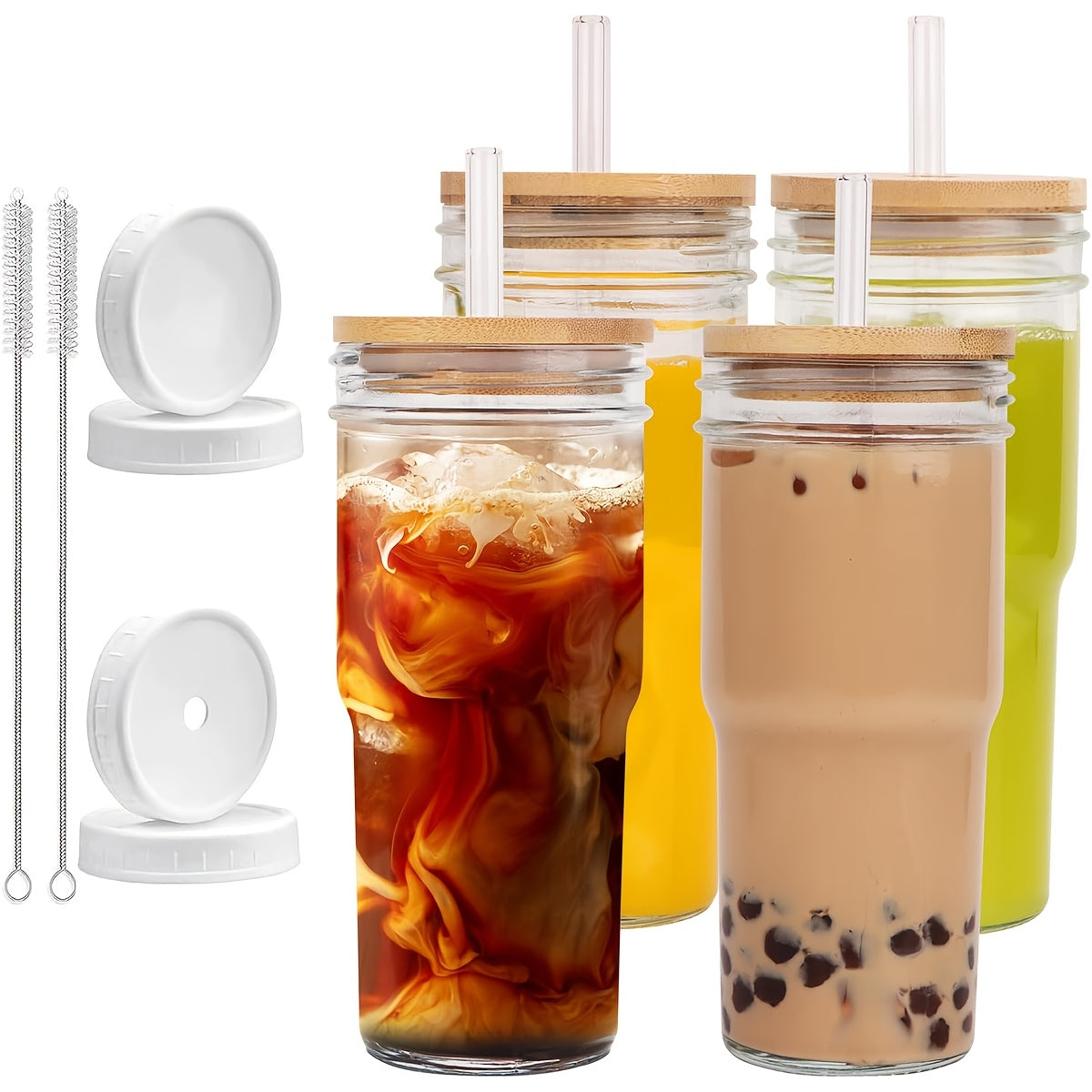 Glasses Set - 18pcs/set (4 Cups + 4 Wooden Lids + 4 Plastic Lids + 4 Straws + 2 Straw Brushes), 24 Oz Smoothie Glasses - Boba Mason Jar, Wide Mouth Milk Tea Cups, Drinking Cups, Iced Coffee Glasses.