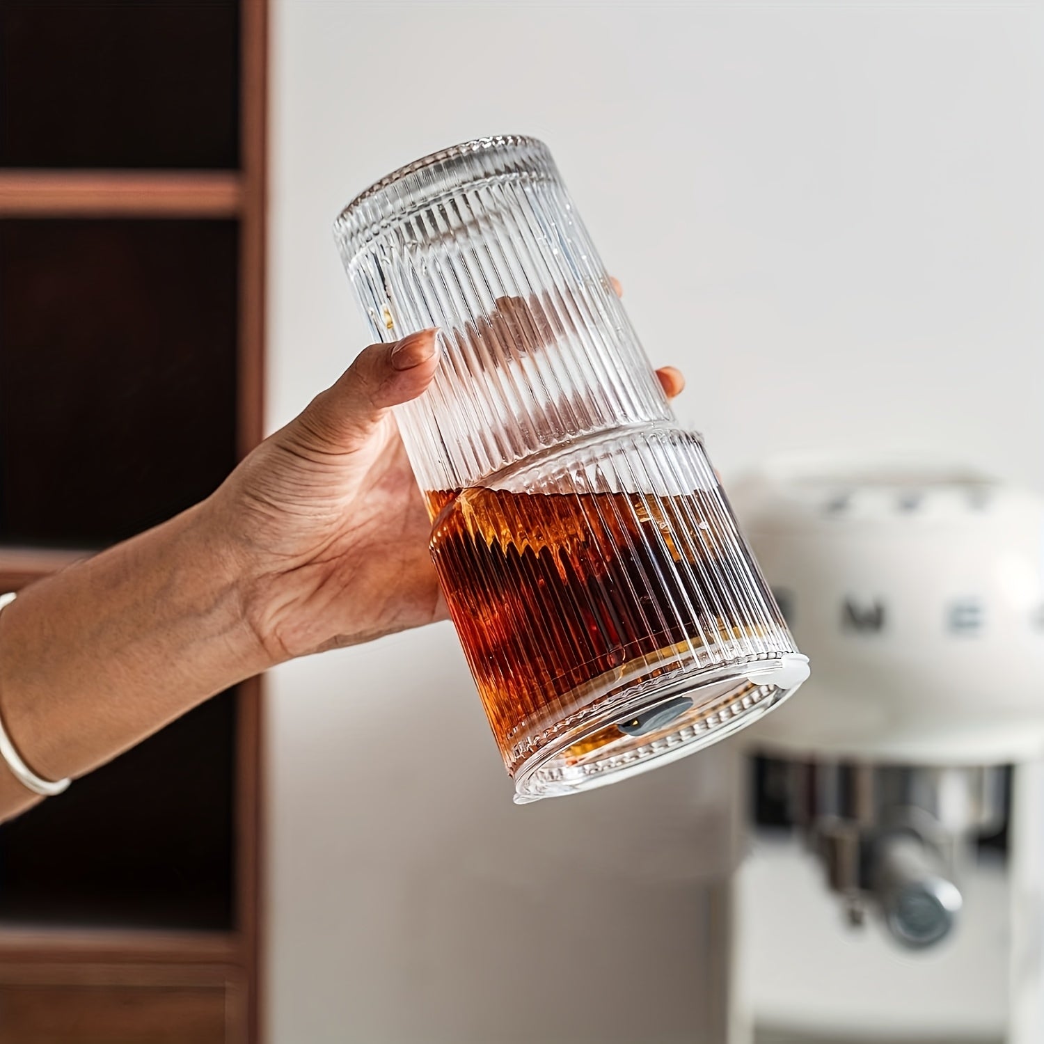2pcs Glassware Set, 600ml/20oz Ribbed Glass Bucket With Lid And Glass Straw, Thick Glass, Perfect For Iced Coffee, Smoothies, Cocktails, And Juices - Elegant And Durable Beverage Vessel