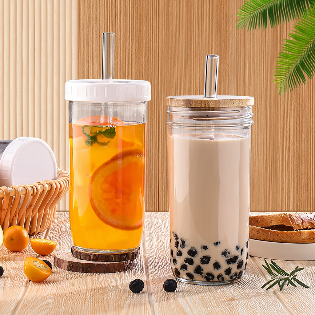 Glasses Set - 18pcs/set (4 Cups + 4 Wooden Lids + 4 Plastic Lids + 4 Straws + 2 Straw Brushes), 24 Oz Smoothie Glasses - Boba Mason Jar, Wide Mouth Milk Tea Cups, Drinking Cups, Iced Coffee Glasses.
