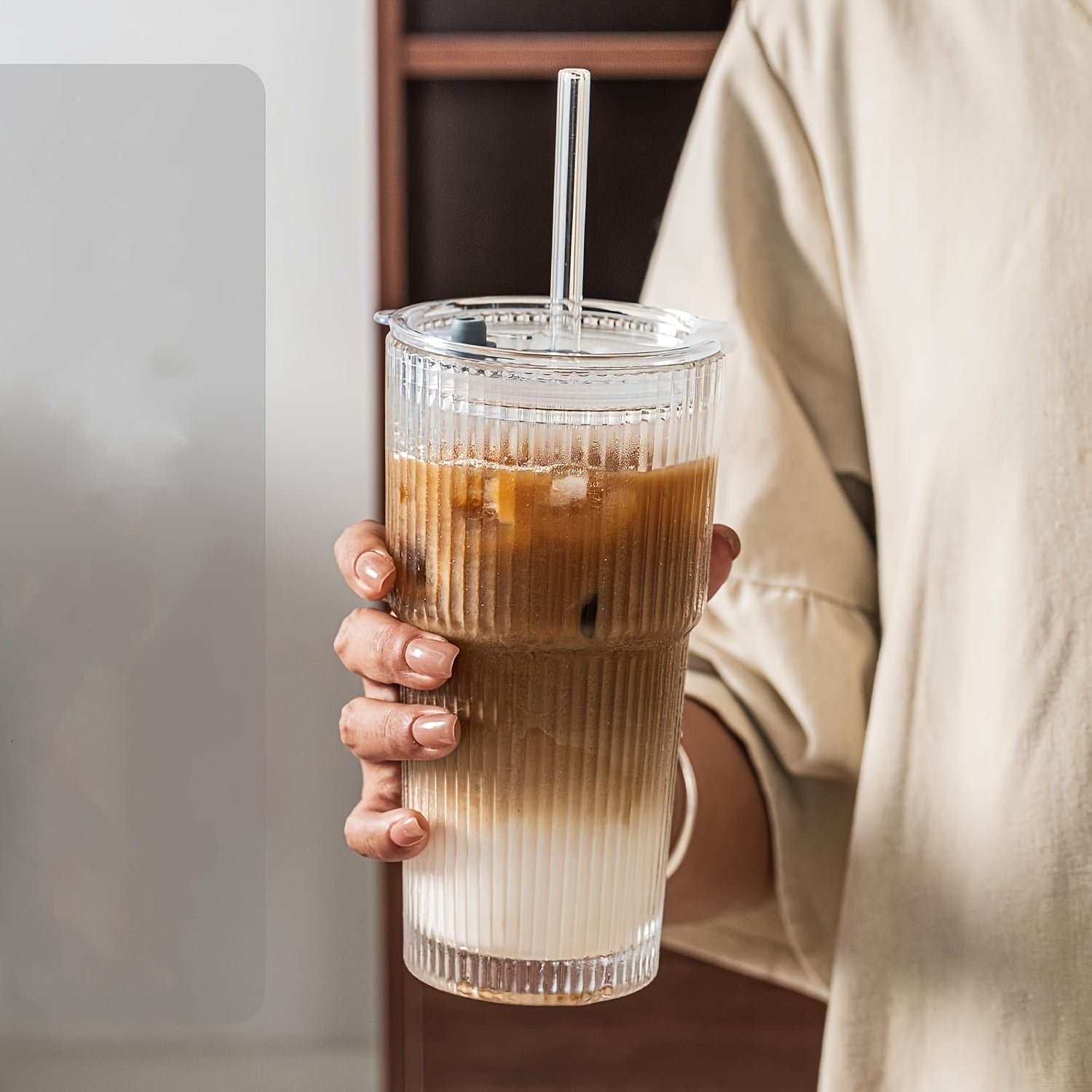 2pcs Glassware Set, 600ml/20oz Ribbed Glass Bucket With Lid And Glass Straw, Thick Glass, Perfect For Iced Coffee, Smoothies, Cocktails, And Juices - Elegant And Durable Beverage Vessel