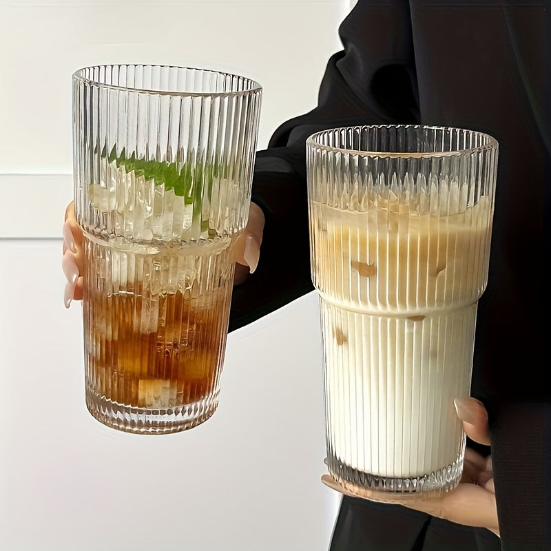 600ml Striped Glass Cup with Lid & Straw - Large Capacity for Coffee, Tea, Iced Milk, Americano, and Latte - Durable & Stylish Beverage Glass, Coffee Cup, Americano Drinkware, Elegant Drinkware, Natural Drinkware