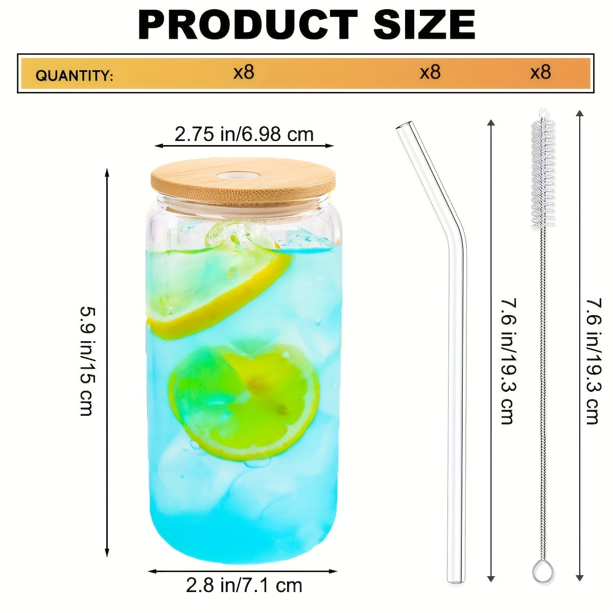 8pcs 16oz Glass Drinking Jars with Wood Lids & Glass Straws, Hand Wash Multipurpose Iced Coffee Cups - BPA-Free, Insulated, Reusable Round Beverages Set for Sodas & Parties