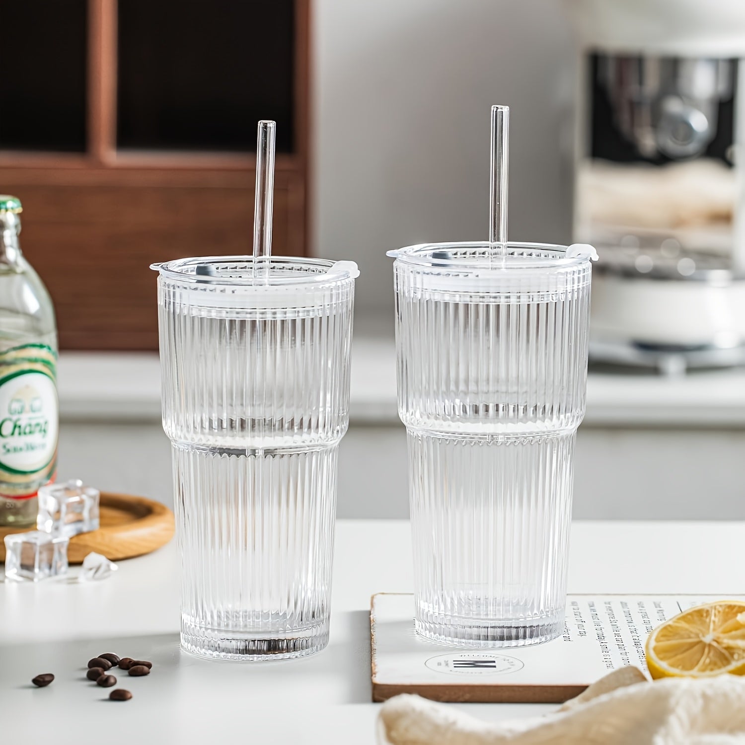 2pcs Glassware Set, 600ml/20oz Ribbed Glass Bucket With Lid And Glass Straw, Thick Glass, Perfect For Iced Coffee, Smoothies, Cocktails, And Juices - Elegant And Durable Beverage Vessel