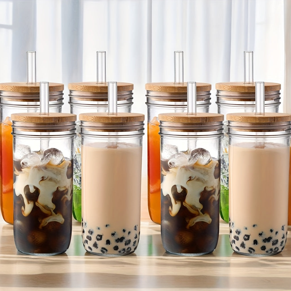 4pcs/8pcs Glass Mug Transparent Drinking Mug with Lid And Straw, with Straw Brush for Milkshake, Juice, Milk Tea, Household Glasses, Thermal Insulation And Cooling Drink Container