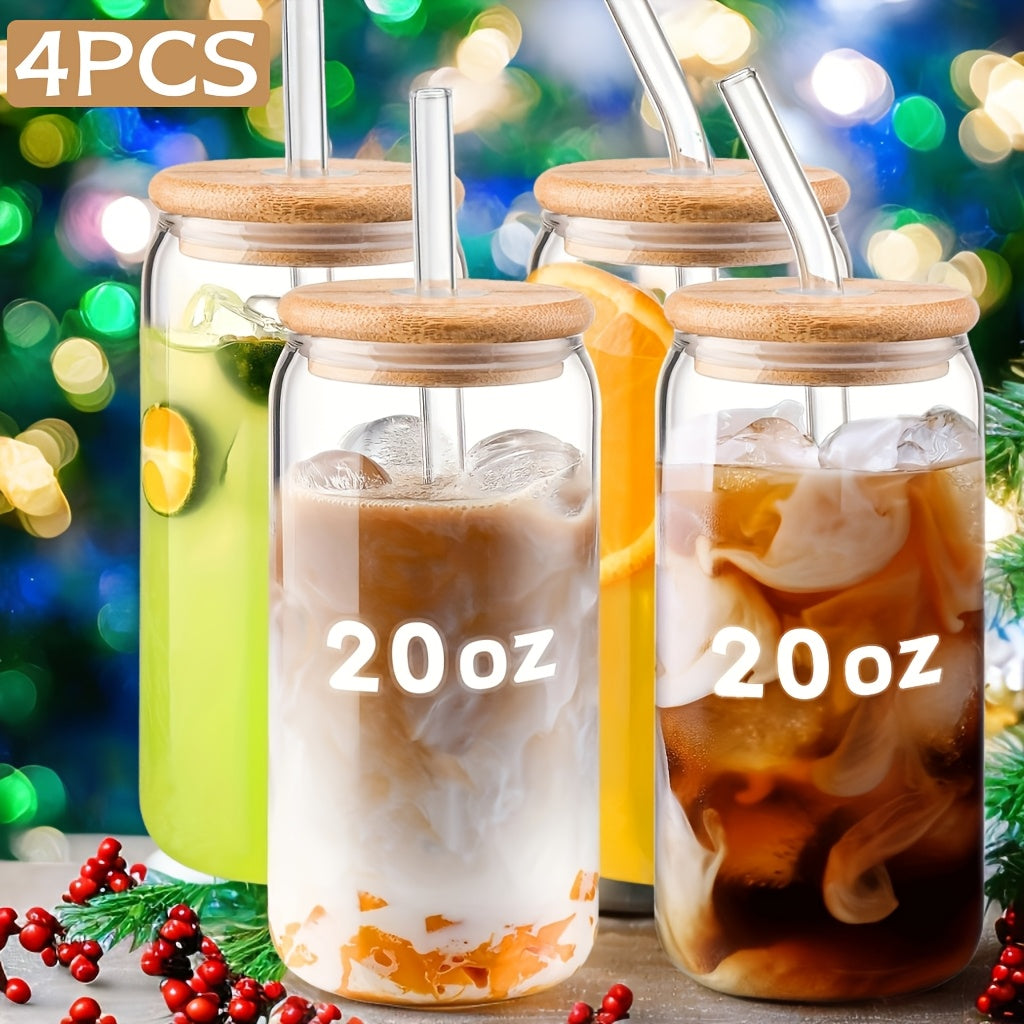 20oz Glasses Set Of 4, Drinking Glasses with Lids And Straws, Sealing Rubber Ring Heat Resistant Borosilicate Material, Reusable Iced Coffee Cups, Juice, Milk, Christmas Gifts, New Year's Gifts