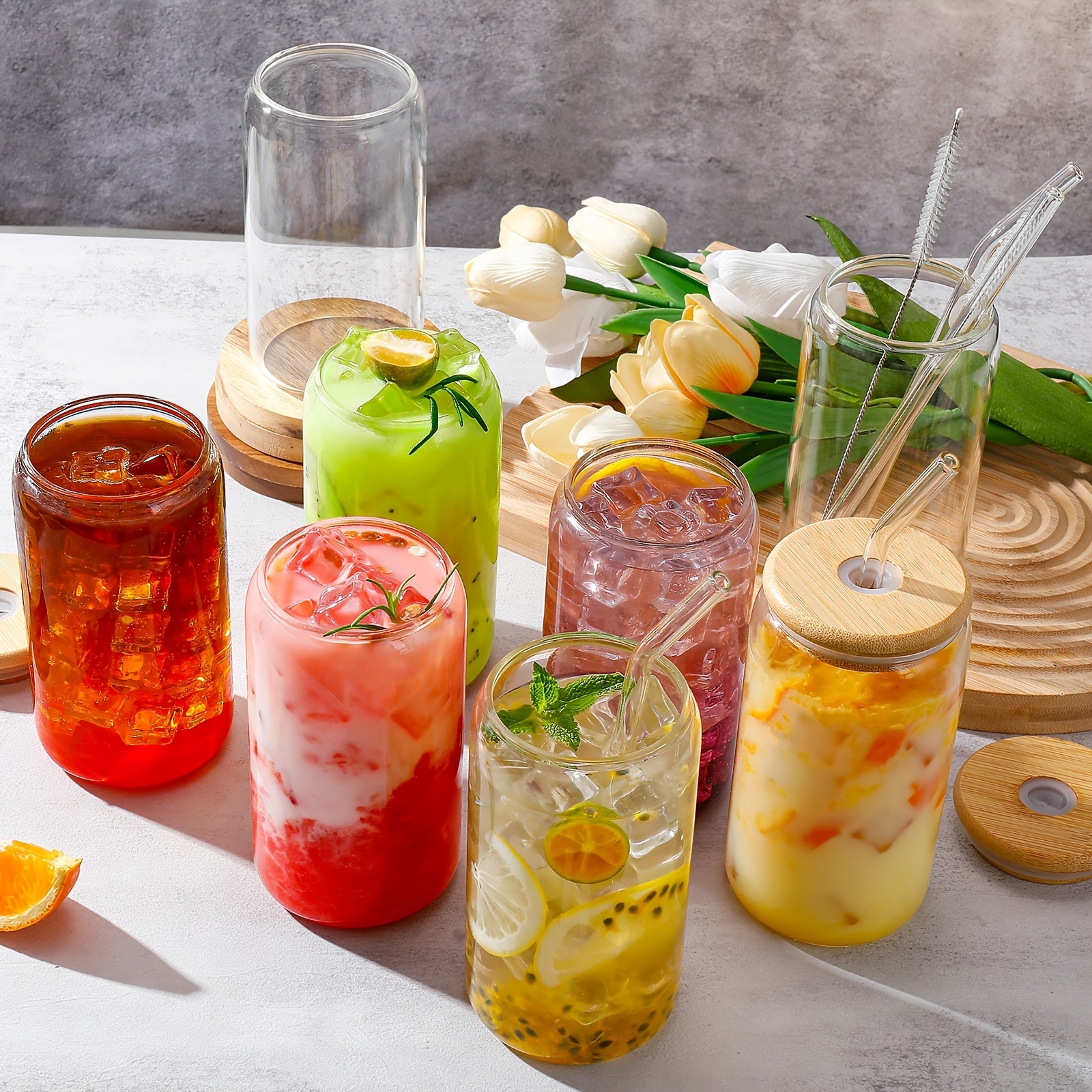 6/8/16pcs Glasses, 16oz Insulated Glasses with Lids And Straws, Jar Glasses for Gifts, Parties, Drinking Glass Sets, Iced Coffee Mugs, Cute Tea Mugs, Homemade Drinking Glasses.