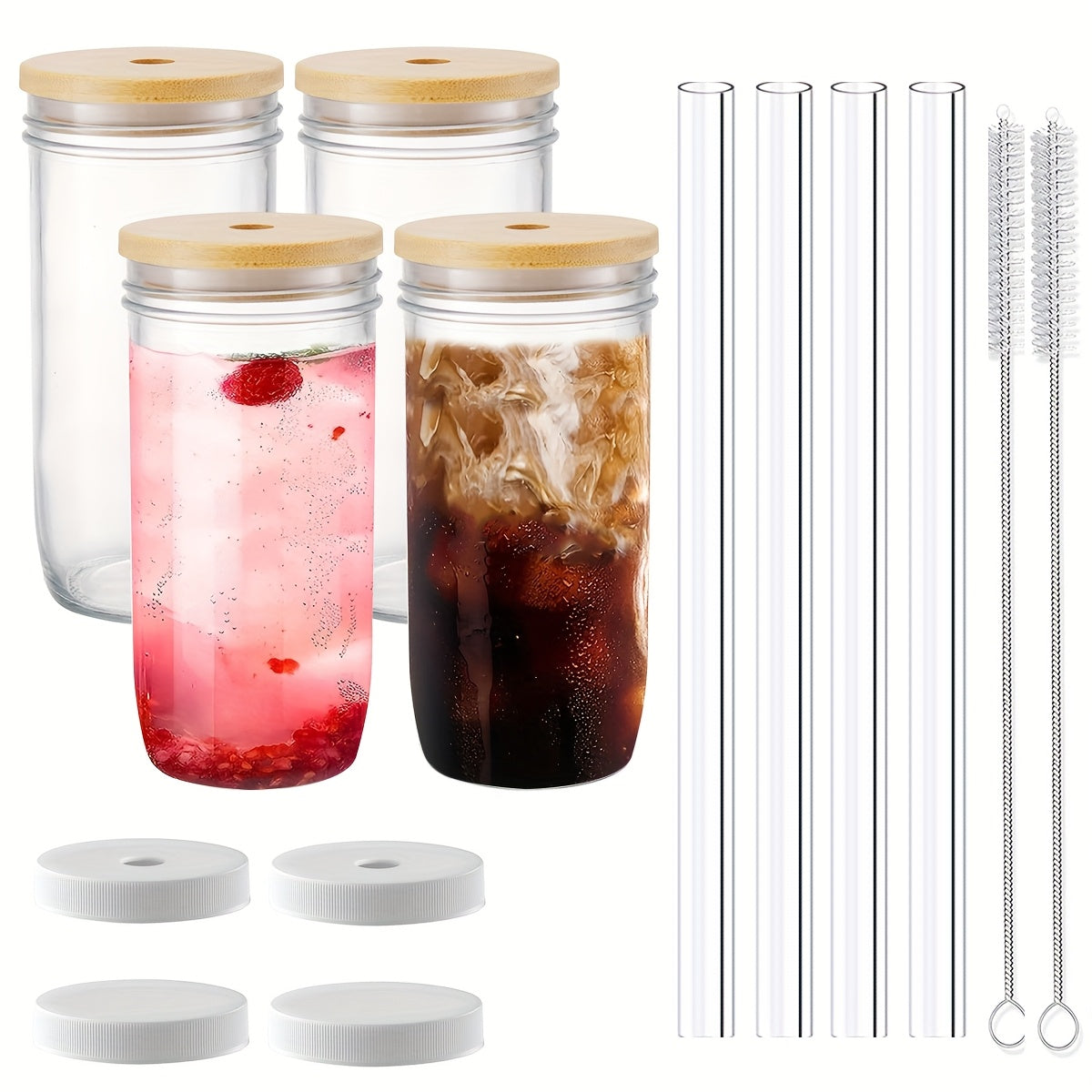 Glasses Set - 18pcs/set (4 Cups + 4 Wooden Lids + 4 Plastic Lids + 4 Straws + 2 Straw Brushes), 24 Oz Smoothie Glasses - Boba Mason Jar, Wide Mouth Milk Tea Cups, Drinking Cups, Iced Coffee Glasses.