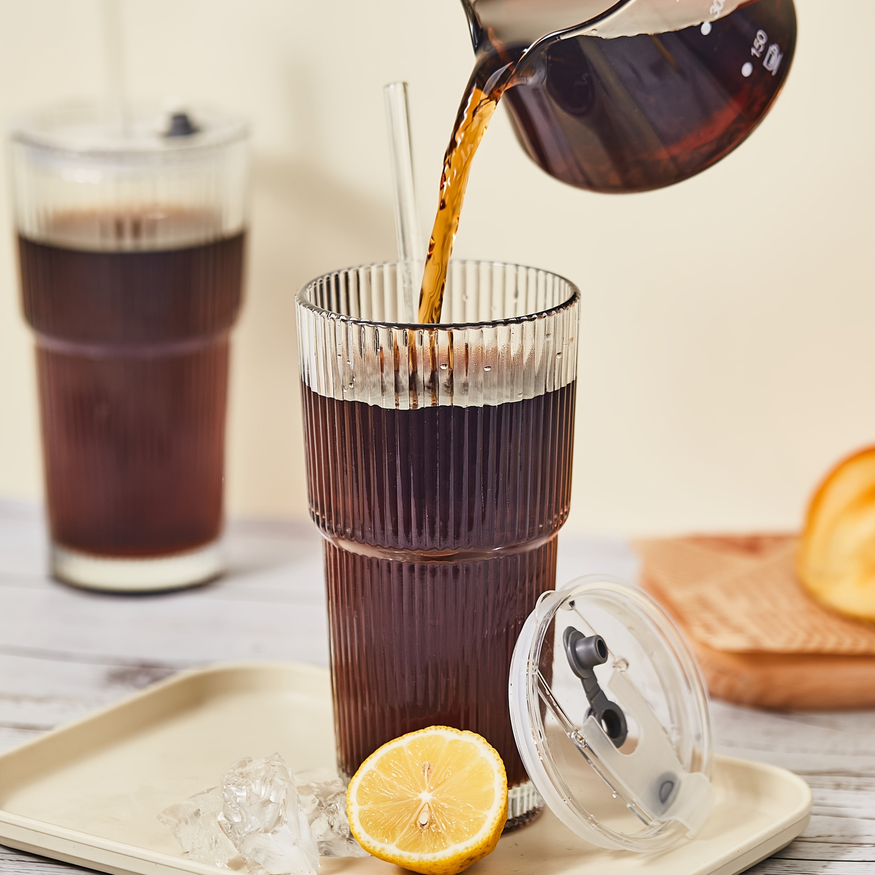 2pcs, 600ml/20oz Large Striped Glass with Lid - Reusable, Suitable for Cold Drinks, Juice, And Coffee - Ideal for Home, Office, And Holiday Gatherings, Perfect for Mother's Day And Easter Gifts.