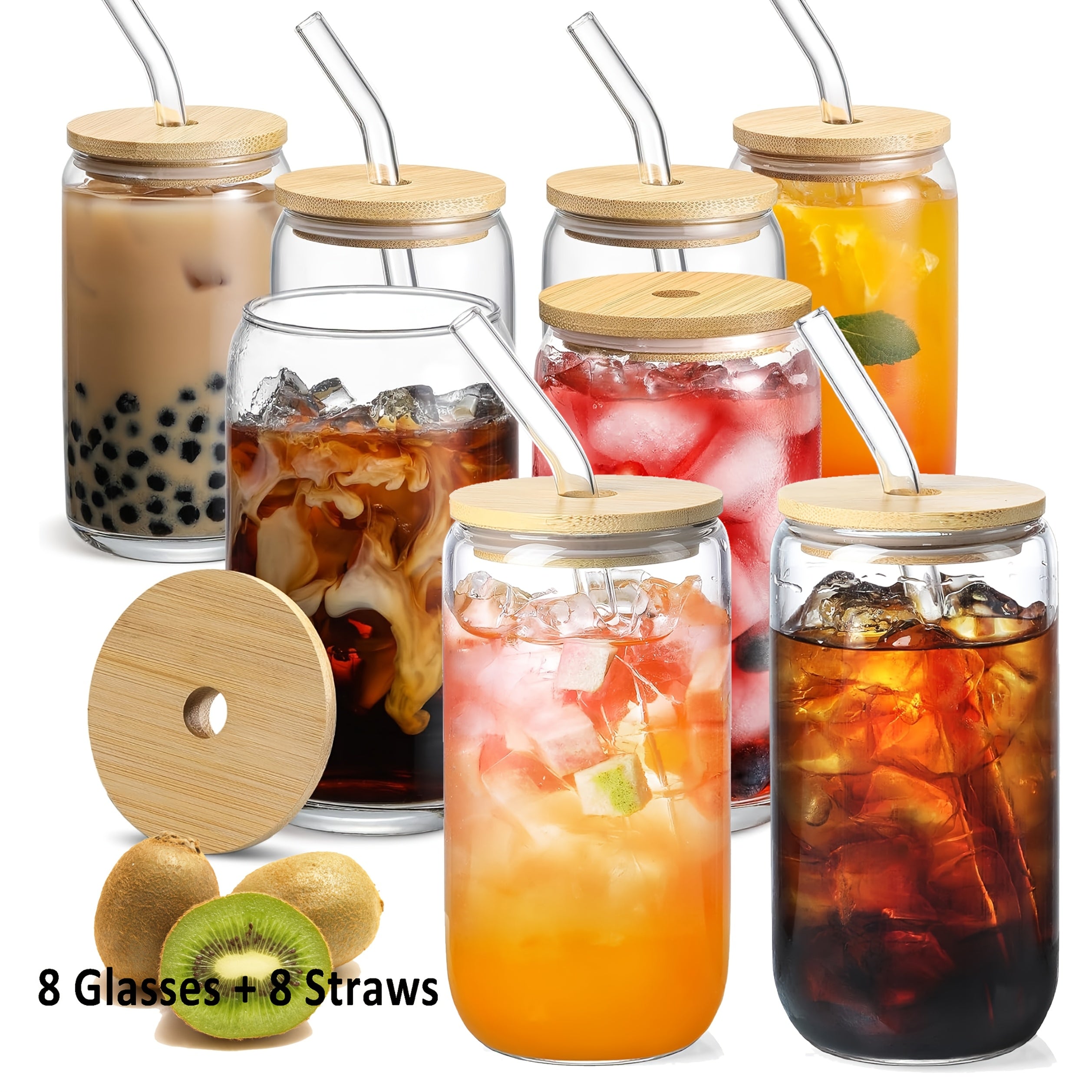 Glass Cups With Bamboo Lids And Straws 8 Set 16 Oz Reusable Iced Coffee Cup Beer Can Drinking Jars For Smoothie Boba Soda Tea, Gift, Glass Coffee Cups, Include Cleaning Brushes