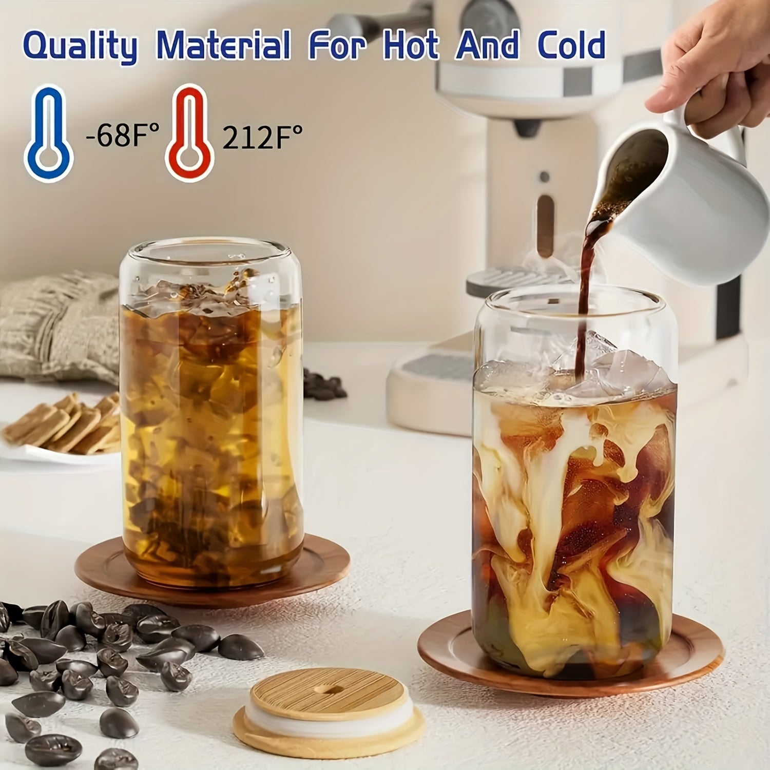 6/12pcs, Glass Straw Cups with Bamboo Lids, Perfect for Mason Jar Cups, Iced Coffee Cups, Milk Tea Cups, Soda Water, Boba Tea, Reusable, Suitable for Furniture Kitchens, Hotels, Home Party Supplies, 18.7 Ounces/550 Milliliters