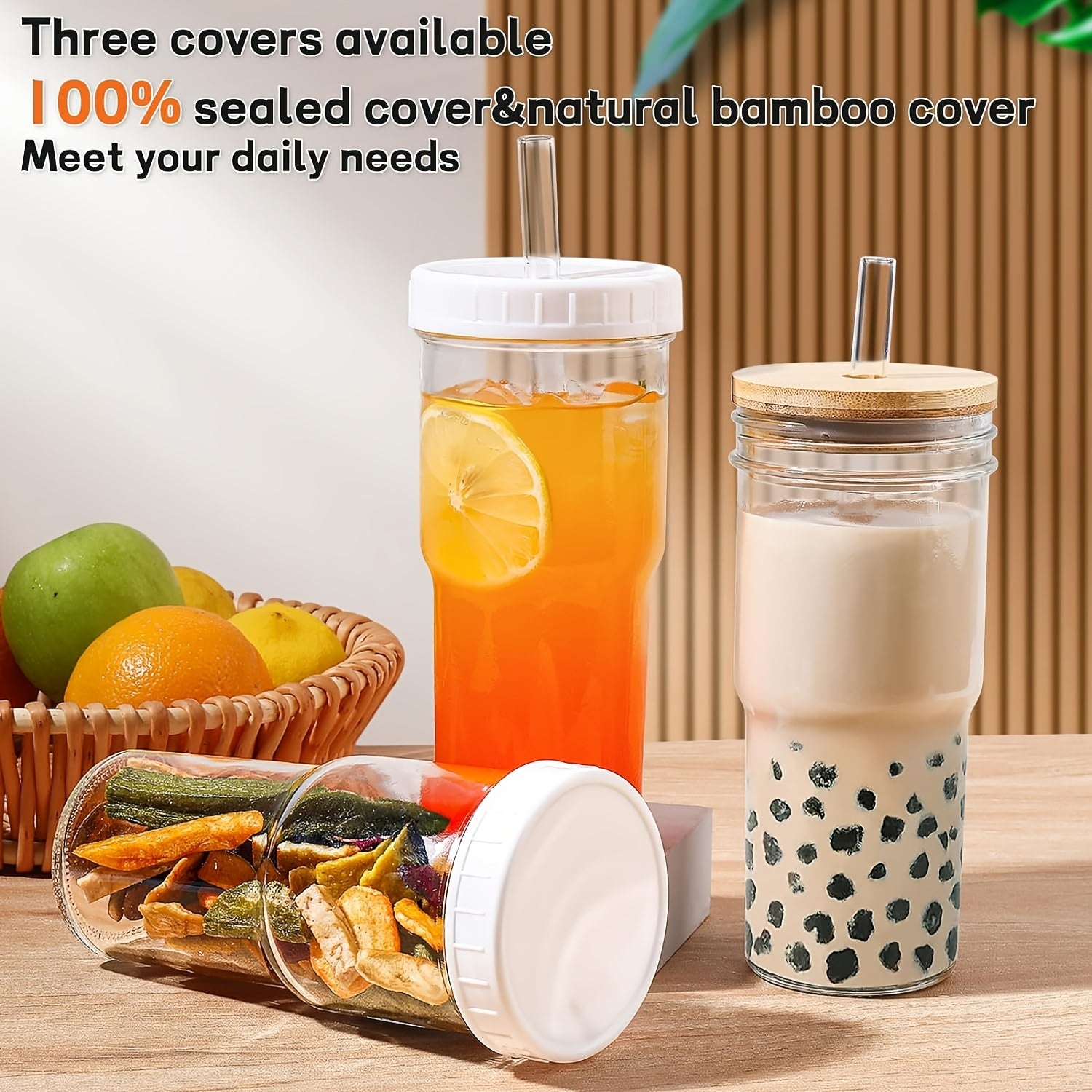 Glasses Set - 18pcs/set (4 Cups + 4 Wooden Lids + 4 Plastic Lids + 4 Straws + 2 Straw Brushes), 24 Oz Smoothie Glasses - Boba Mason Jar, Wide Mouth Milk Tea Cups, Drinking Cups, Iced Coffee Glasses.