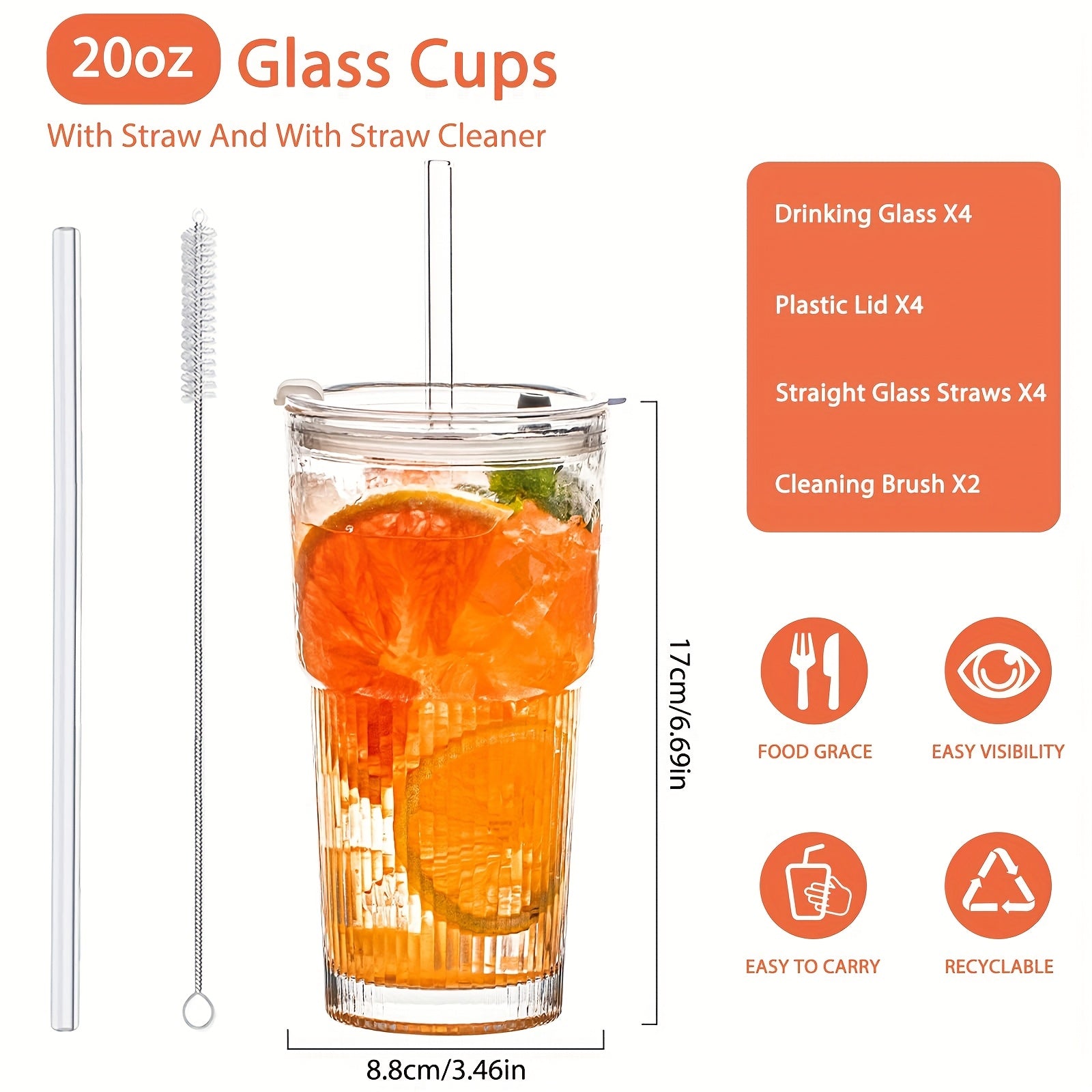Glasses with Lid And Straw, 4/2pcs - Stylish Ribbed Design Drinking Cups for Iced Coffee Cups, Juices, Smoothies, Cold Drinks, Cleaning Brushes Included, Durable Glassware