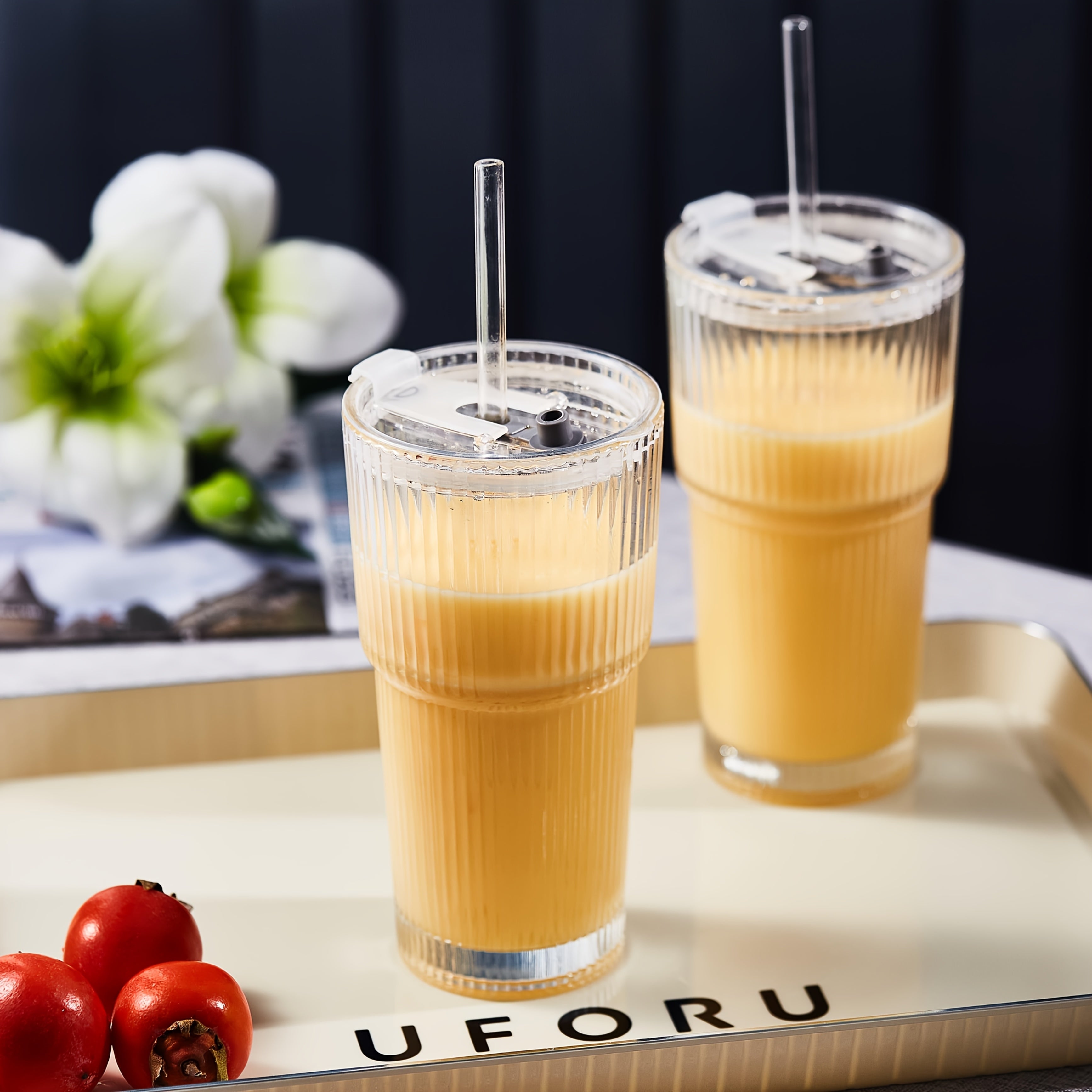2pcs, 600ml/20oz Large Striped Glass with Lid - Reusable, Suitable for Cold Drinks, Juice, And Coffee - Ideal for Home, Office, And Holiday Gatherings, Perfect for Mother's Day And Easter Gifts.