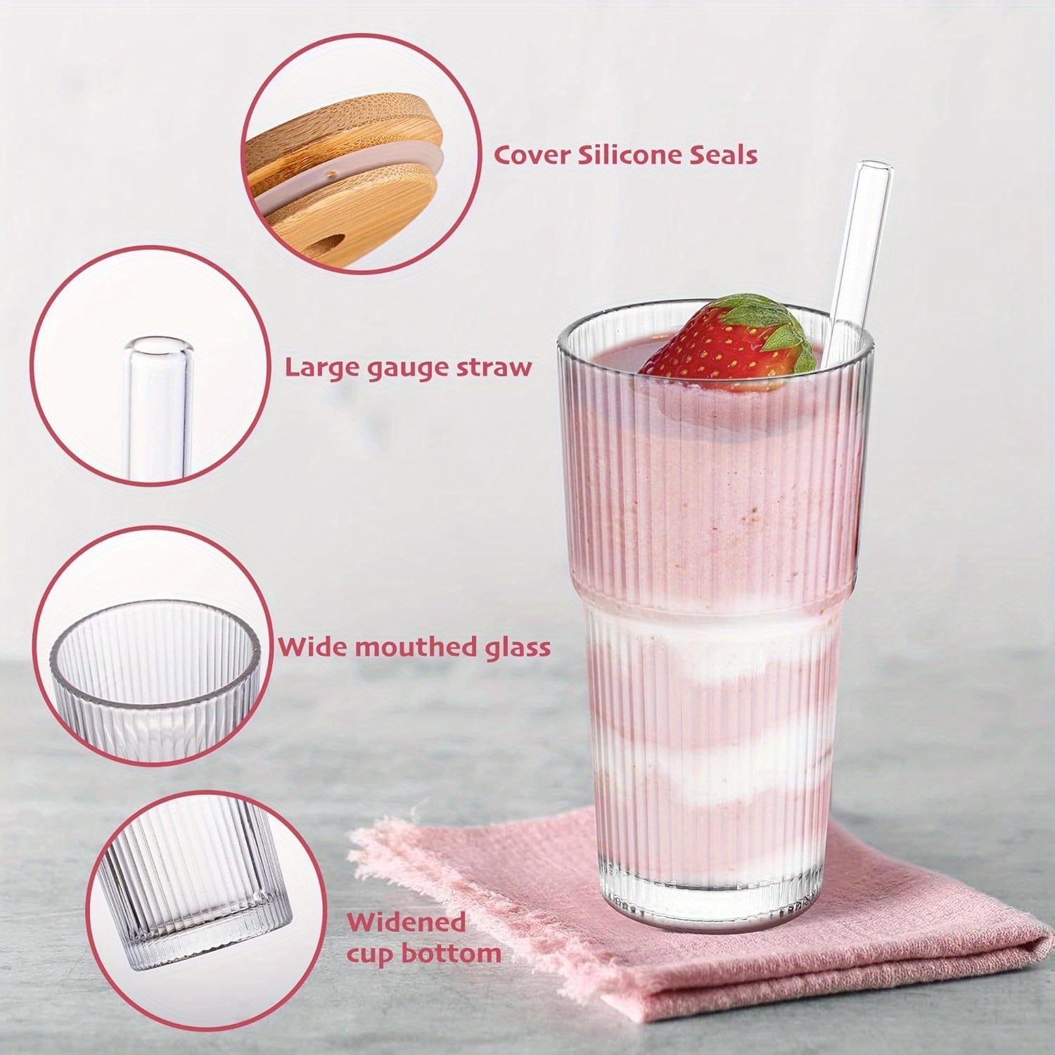 2pcs Dingerjar 20oz Ribbed Glass Tumblers with Bamboo Lids & Glass Straws - Wide Mouth Thickened Vintage Cups for Boba Tea, Iced Coffee, Juice - Reusable, Dishwasher Safe, High-Quality Drinkware, Travel Drinkware, Natural Bamboo Design, Durable Drinkware,