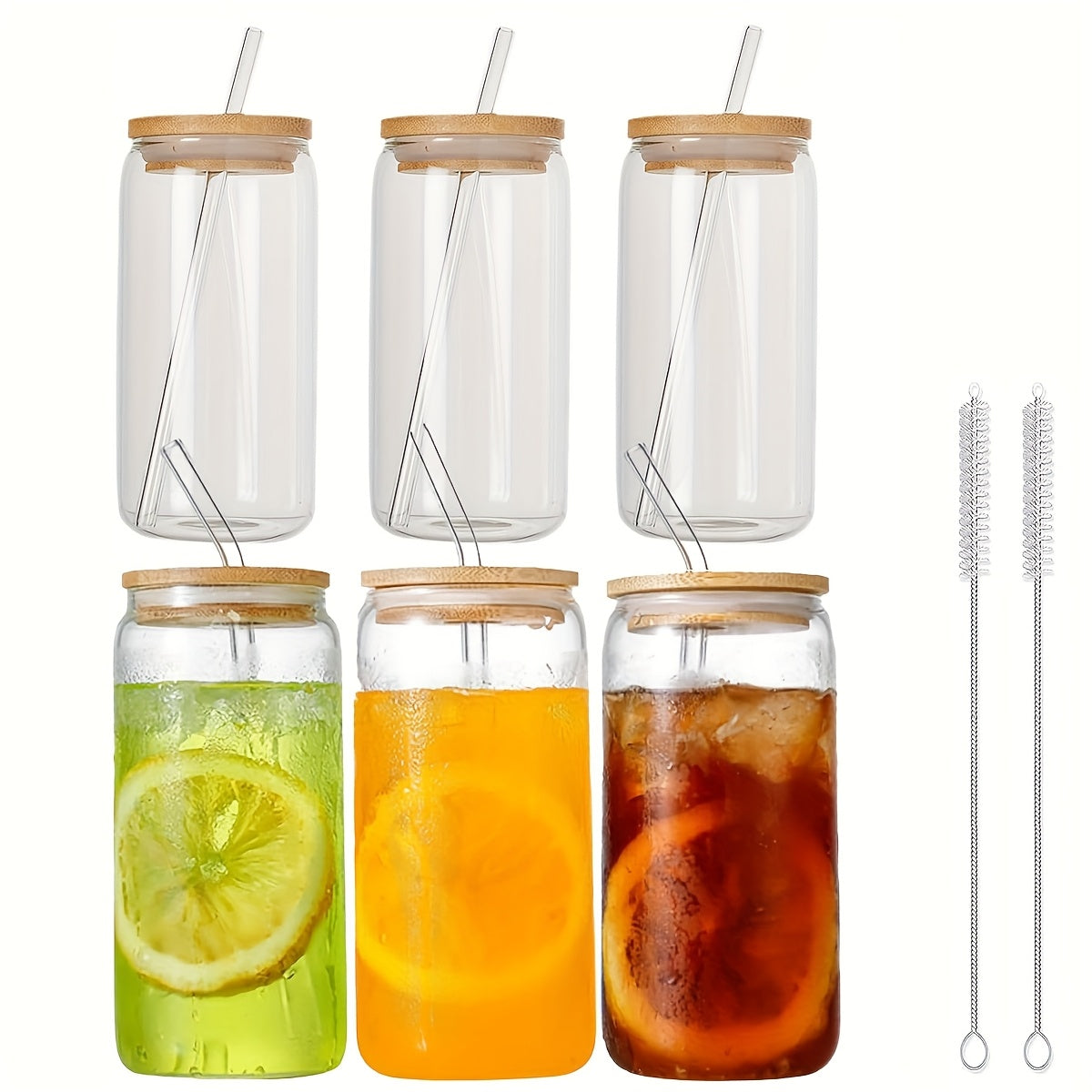 6pcs Glass Mug Set, 16 Oz. Drinking Mug With Bamboo Lid And Straw For Coffee, Soda, Smoothies, Tea Juice, Party Drinkware