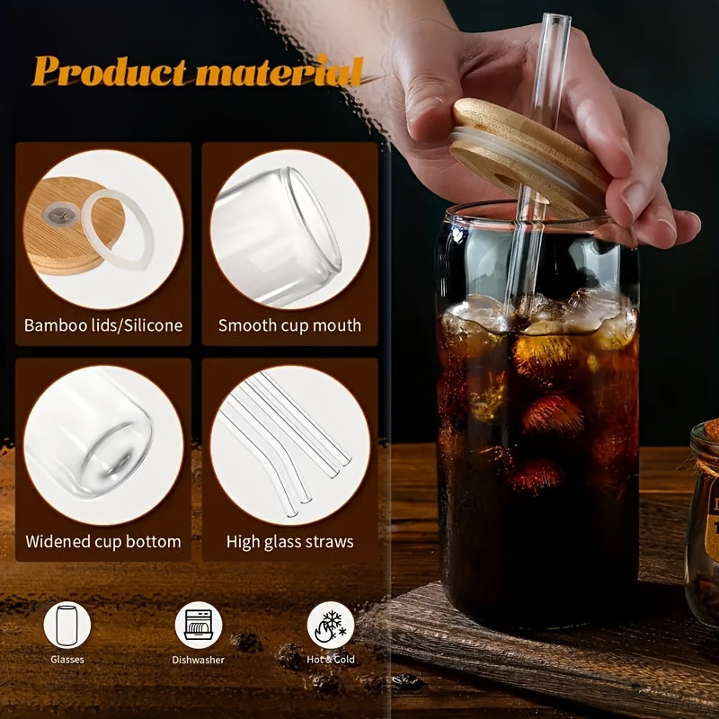 8pcs Glass Set, 20oz Coffee Mug with Lid & Straw, Mason Jar Mug, Iced Coffee Mug, Glass with Bamboo Lid, Cute Mug, Reusable, Holiday Gifts, Souvenirs, BBQ Drinking Mugs