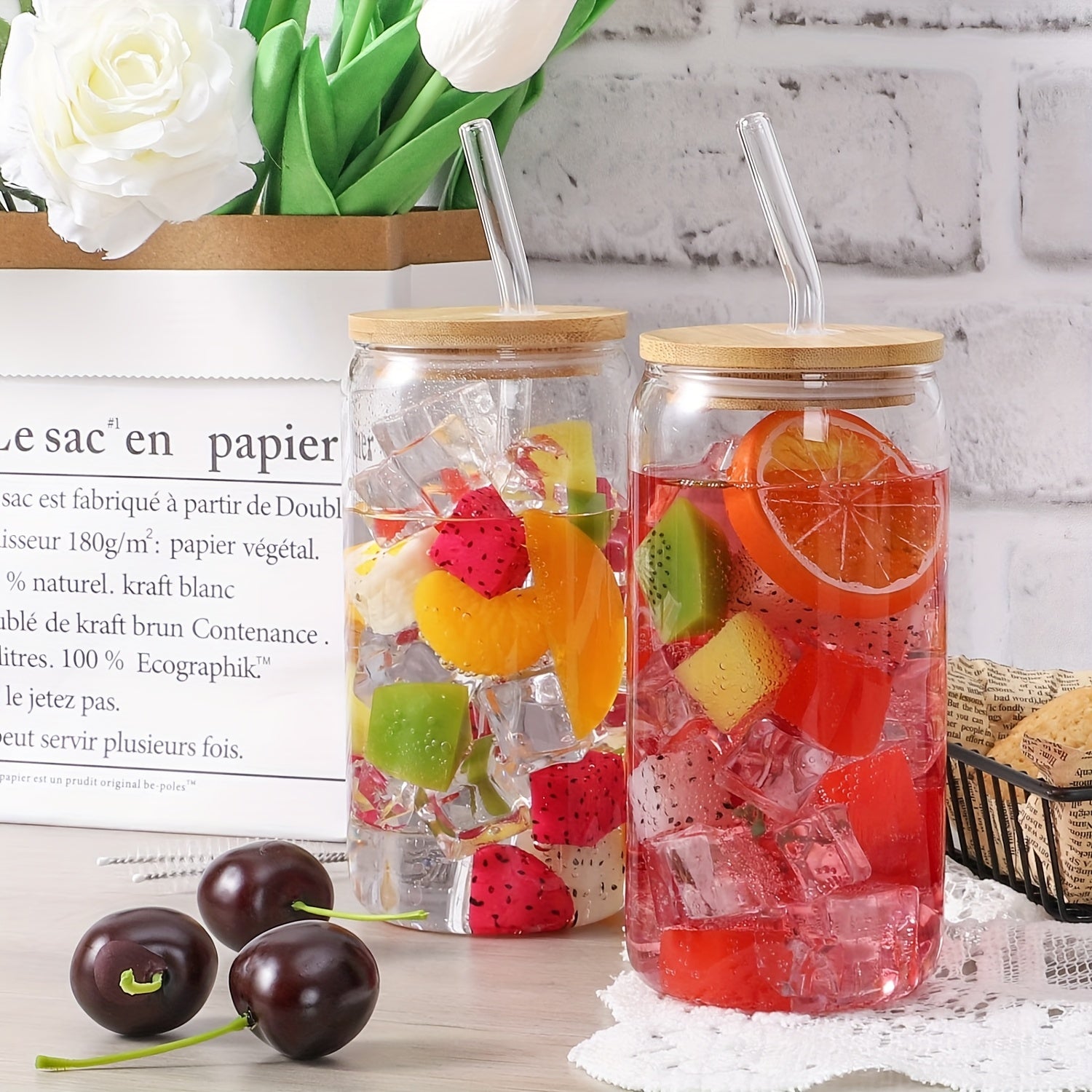6pcs Drinking Glasses with Bamboo Lids And Glass Straw - 16 Oz Can Shaped Glass Cups for Beer, Ice Coffee, Cute Tumbler Cup Great for Soda Boba Tea Cocktail Include 2 Cleaning Brushes