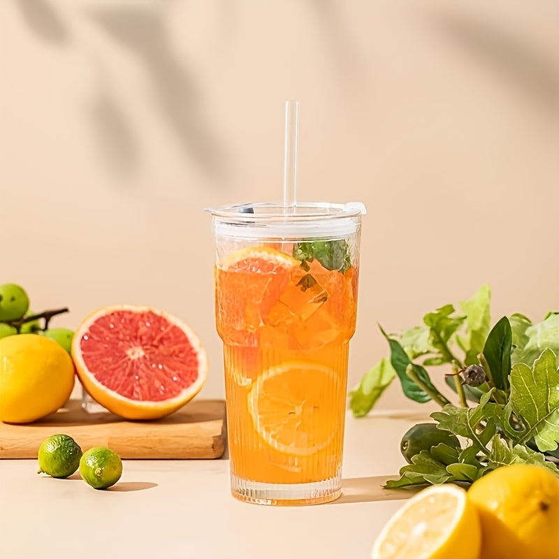 2pcs Glassware Set, 600ml/20oz Ribbed Glass Bucket With Lid And Glass Straw, Thick Glass, Perfect For Iced Coffee, Smoothies, Cocktails, And Juices - Elegant And Durable Beverage Vessel