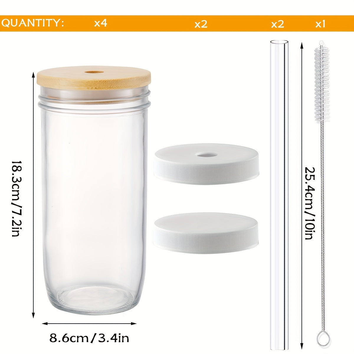 4pcs Mason Jar Drink Cups with 4 Bamboo Lids, Straws And Plastic Lids - Reusable Cute Boba Bottle, Iced Coffee Cup, Bubble Tea Travel Flask, Smoothie, Juice Jug