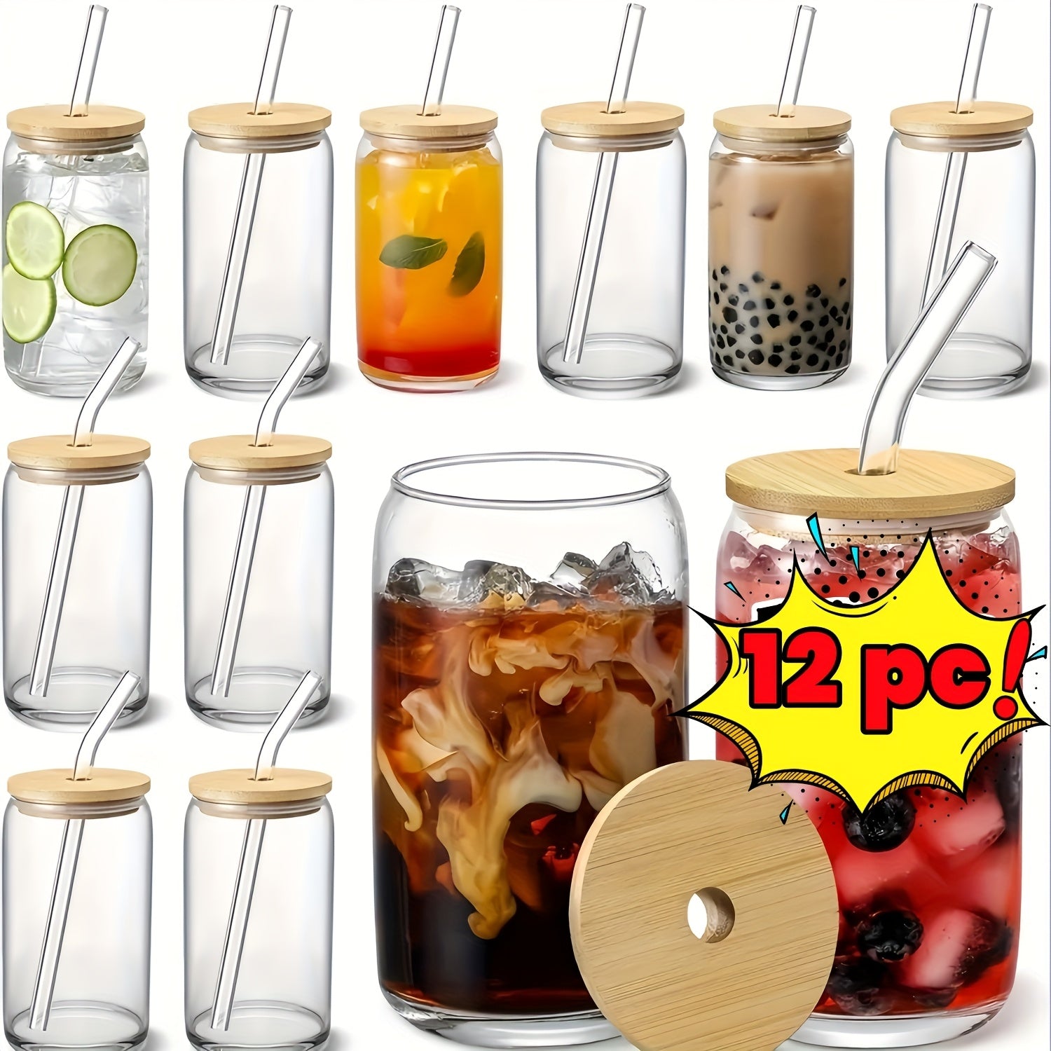 6/12pcs, Glass Straw Cups with Bamboo Lids, Perfect for Mason Jar Cups, Iced Coffee Cups, Milk Tea Cups, Soda Water, Boba Tea, Reusable, Suitable for Furniture Kitchens, Hotels, Home Party Supplies, 18.7 Ounces/550 Milliliters