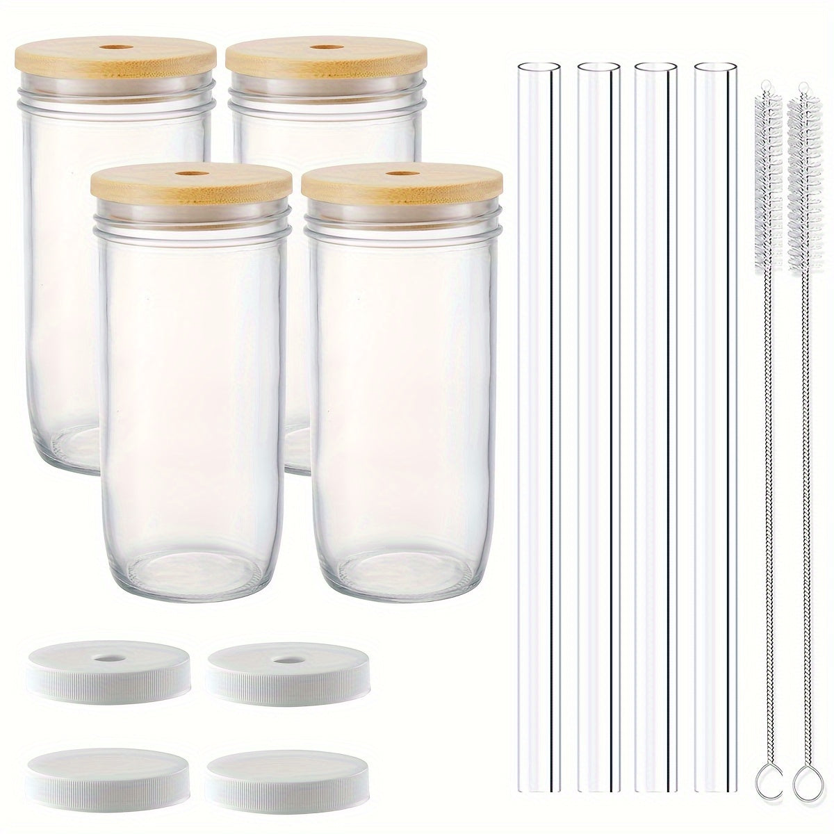 4pcs Mason Jar Drink Cups with 4 Bamboo Lids, Straws And Plastic Lids - Reusable Cute Boba Bottle, Iced Coffee Cup, Bubble Tea Travel Flask, Smoothie, Juice Jug