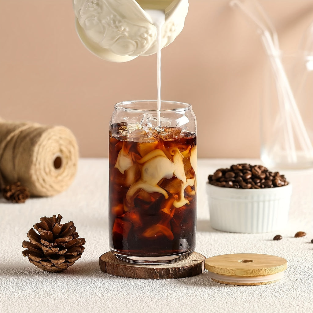 6pcs, 18.6oz/550ml, Including Lid, Straw, Straw Brush Glass Cup Set, Elegant Shaped Drinking Cup Is The Ideal Gift, Can Shaped Glass Cup Suitable for Any Beverage And Any Occasion, Food Safe And Beautiful
