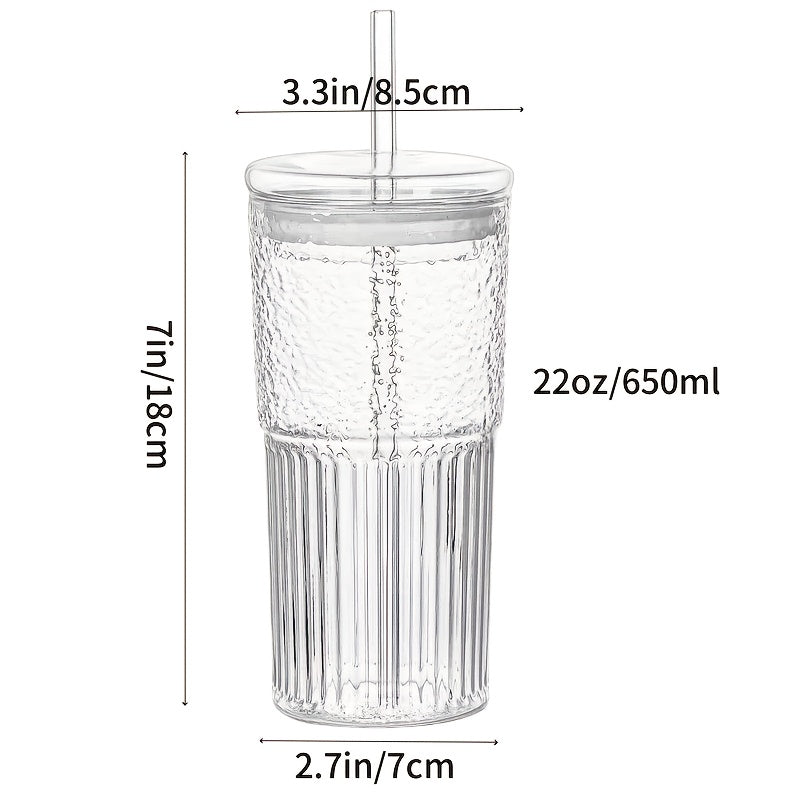 2pcs, 22oz/650ml, with Lid And Straw, Vintage Ribbed Cup Set, Vertical Striped Pattern High Borosilicate Glass Coffee Cup, Glassware Perfect for Summer And Winter Drinking Utensils