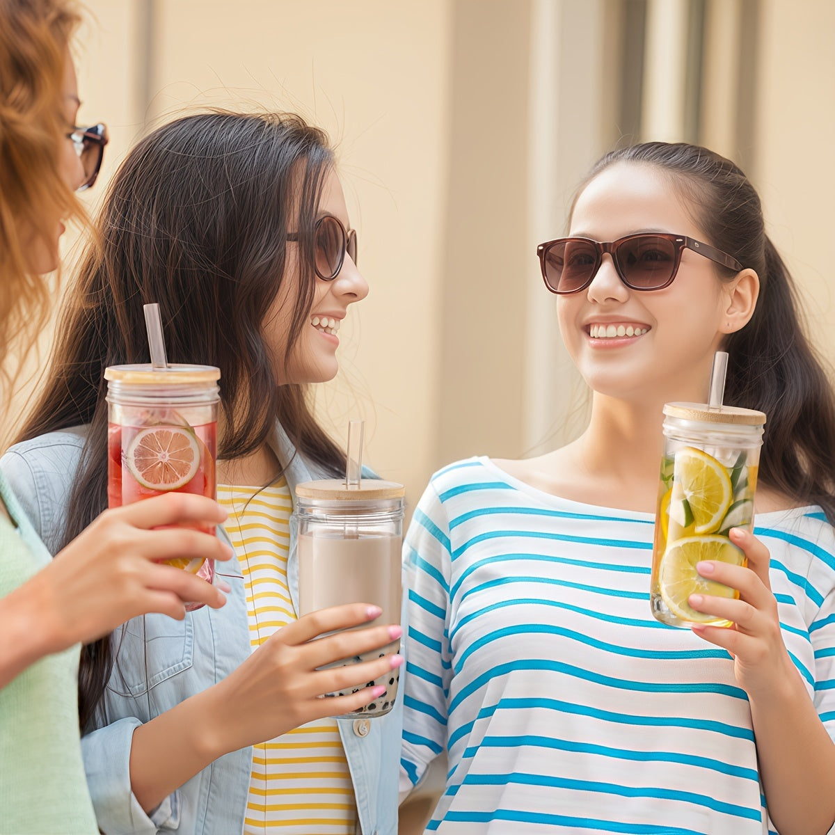 4pcs Mason Jar Drink Cups with 4 Bamboo Lids, Straws And Plastic Lids - Reusable Cute Boba Bottle, Iced Coffee Cup, Bubble Tea Travel Flask, Smoothie, Juice Jug