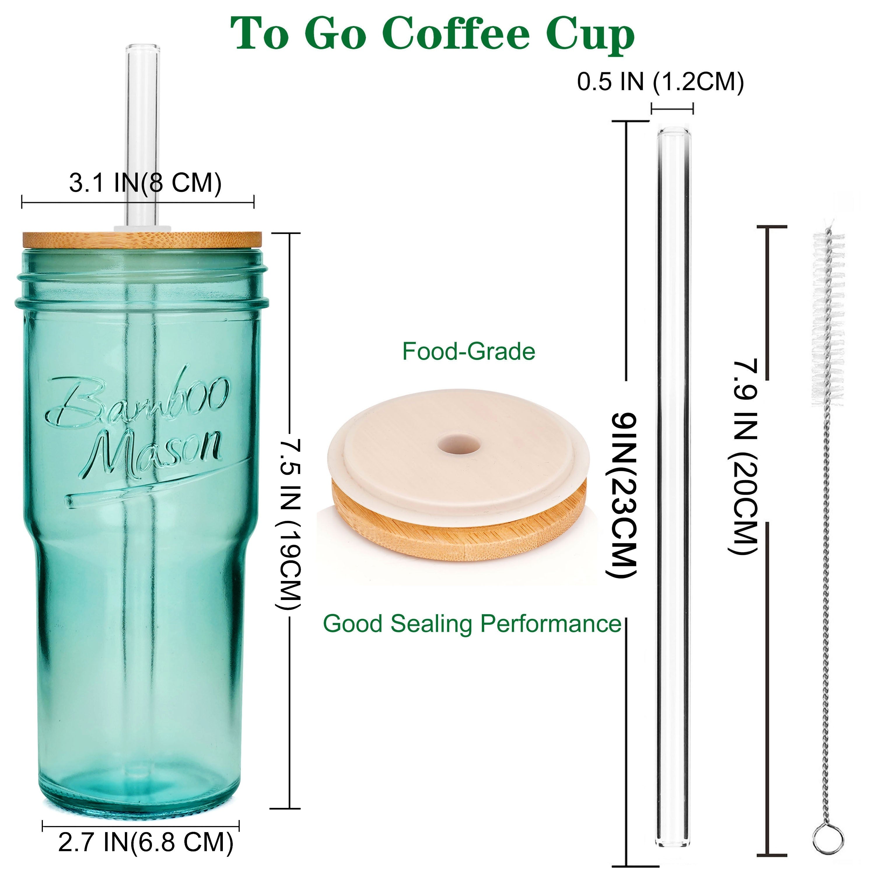 Summer Drinkware - Glass Cups With Lids And Straws 4 Packs, 24 Oz Travel Coffee Mug Wide Mouth Mason Jar Iced Coffee Cup Smoothie Cup Glass Tumbler Tea Cup Clear Water Cups Drinking Jars Glasses BBQ Party Pitcher With Lid