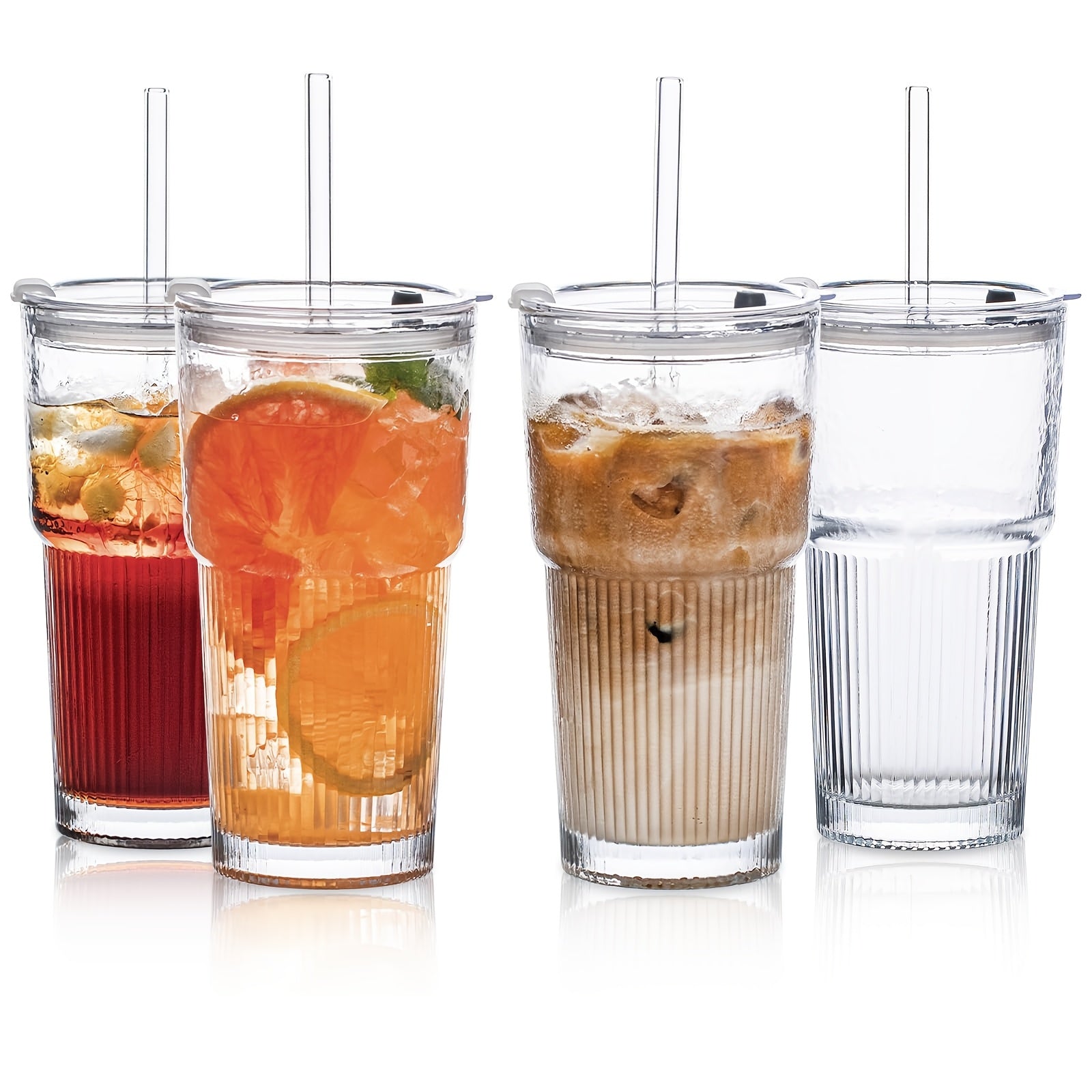 Glasses with Lid And Straw, 4/2pcs - Stylish Ribbed Design Drinking Cups for Iced Coffee Cups, Juices, Smoothies, Cold Drinks, Cleaning Brushes Included, Durable Glassware