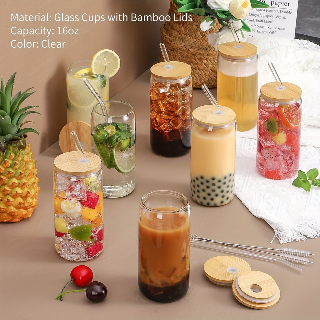 6pcs Drinking Glasses with Bamboo Lids And Glass Straw - 16 Oz Can Shaped Glass Cups for Beer, Ice Coffee, Cute Tumbler Cup Great for Soda Boba Tea Cocktail Include 2 Cleaning Brushes