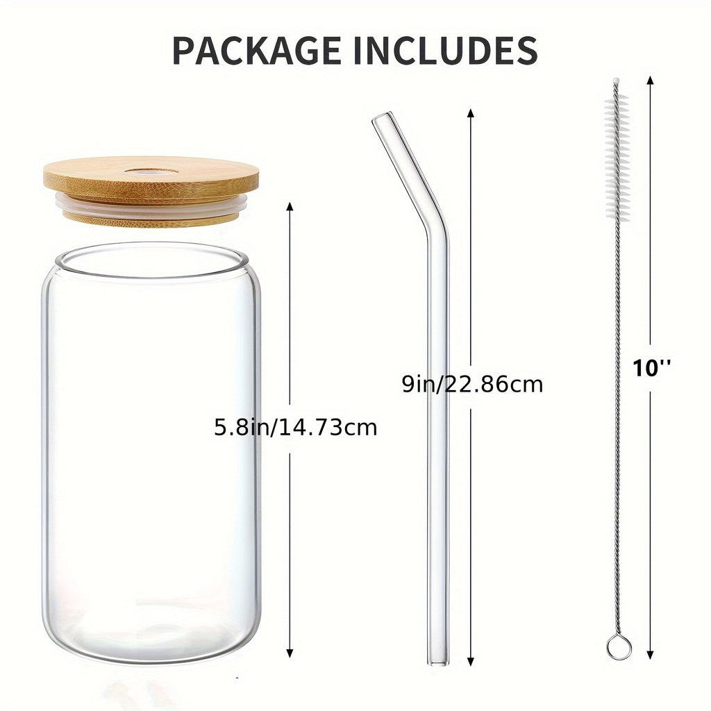 6pcs Drinking Glasses with Bamboo Lids And Glass Straw - 16 Oz Can Shaped Glass Cups for Beer, Ice Coffee, Cute Tumbler Cup Great for Soda Boba Tea Cocktail Include 2 Cleaning Brushes
