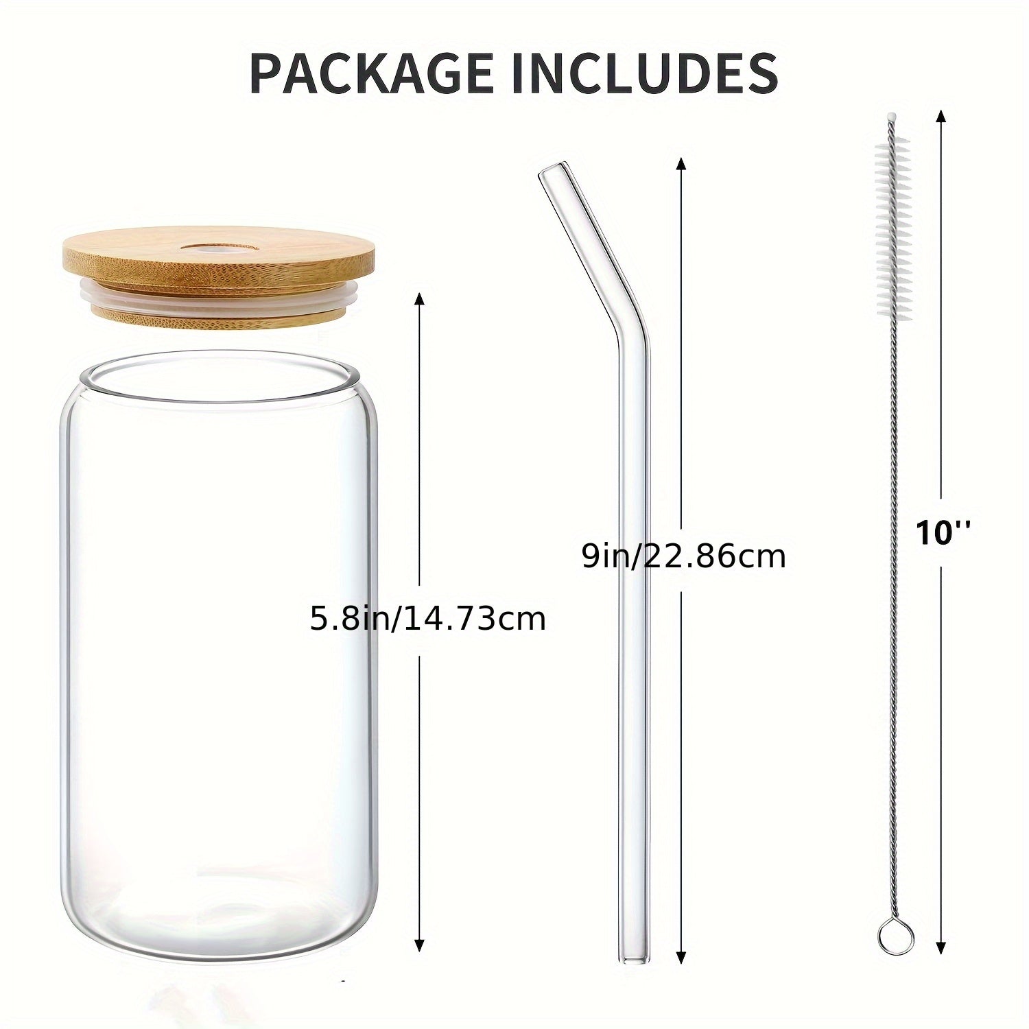 6pcs Drinking Glasses with Bamboo Lids And Glass Straw - 16 Oz Can Shaped Glass Cups for Beer, Ice Coffee, Cute Tumbler Cup Great for Soda Boba Tea Cocktail Include 2 Cleaning Brushes