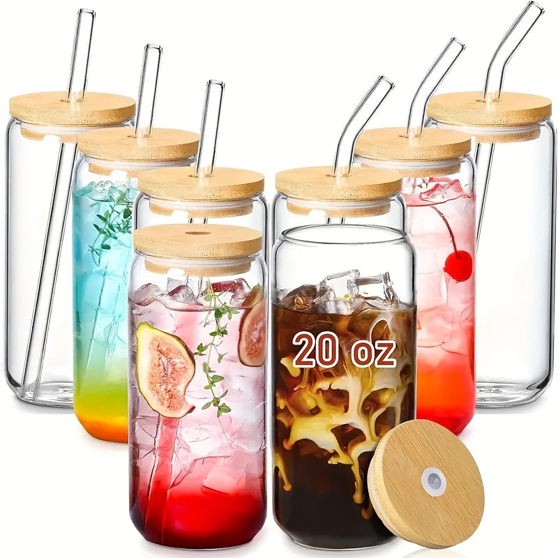 8pcs Glass Set, 20oz Coffee Mug with Lid & Straw, Mason Jar Mug, Iced Coffee Mug, Glass with Bamboo Lid, Cute Mug, Reusable, Holiday Gifts, Souvenirs, BBQ Drinking Mugs