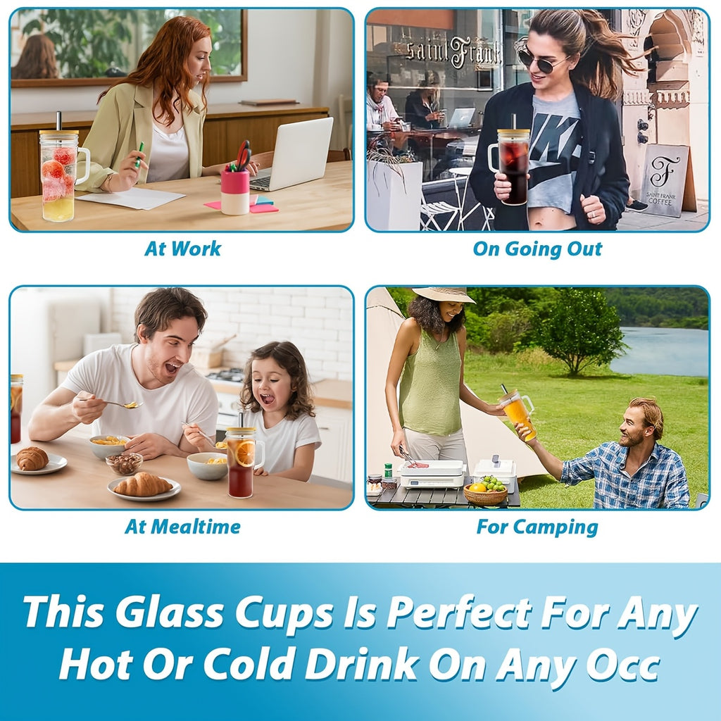 2/4pcs Thickened Large Capacity Glass Cup with Lid, Straw, Handle, Wide Mouth Drinking Cup, Fitness Sports Cup, Coffee Cup Glass, Housewarming Gift New Home, Cup with Lid And Straw, Reusable Glassware, Modern Drinkware Set, Sleek Glass Cup, Premium