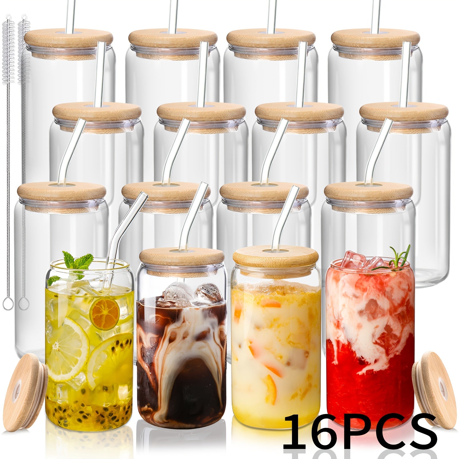 4pcs Glass Mug with Lid And Straw 16oz, Glass Drinking Set for Iced Coffee, Milk, Drinks, Juice, Drinking Glasses with Straws And Lids, Glass Canister Coffee Mugs, FREE 2 Brushes!