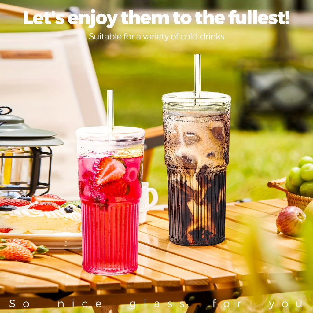 [Reusable Tumbler] 20oz Reusable Glass Tumbler Set With Lids And Straws | 2 Or 4 Pack, Ideal For Iced Coffee, Juice, Milk, Home And Gifts