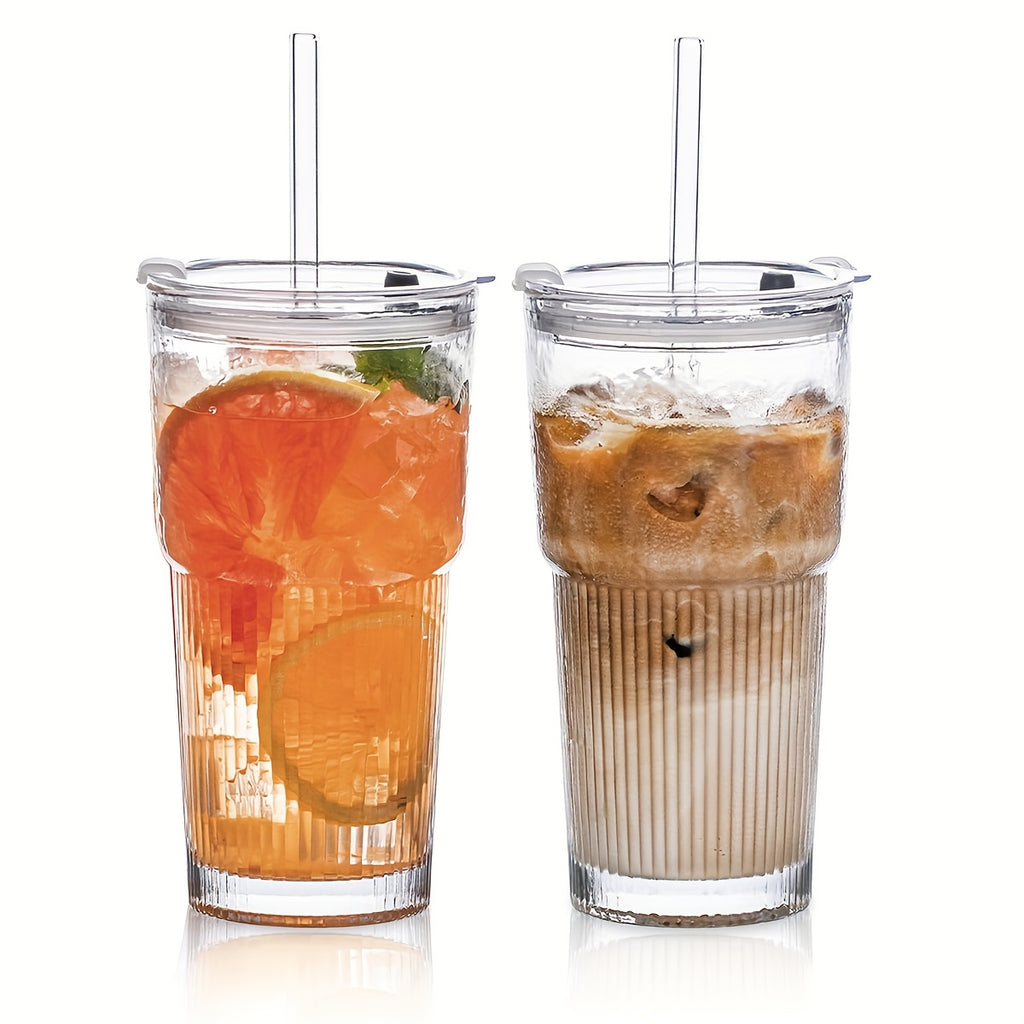 Glasses with Lid And Straw, 4/2pcs - Stylish Ribbed Design Drinking Cups for Iced Coffee Cups, Juices, Smoothies, Cold Drinks, Cleaning Brushes Included, Durable Glassware