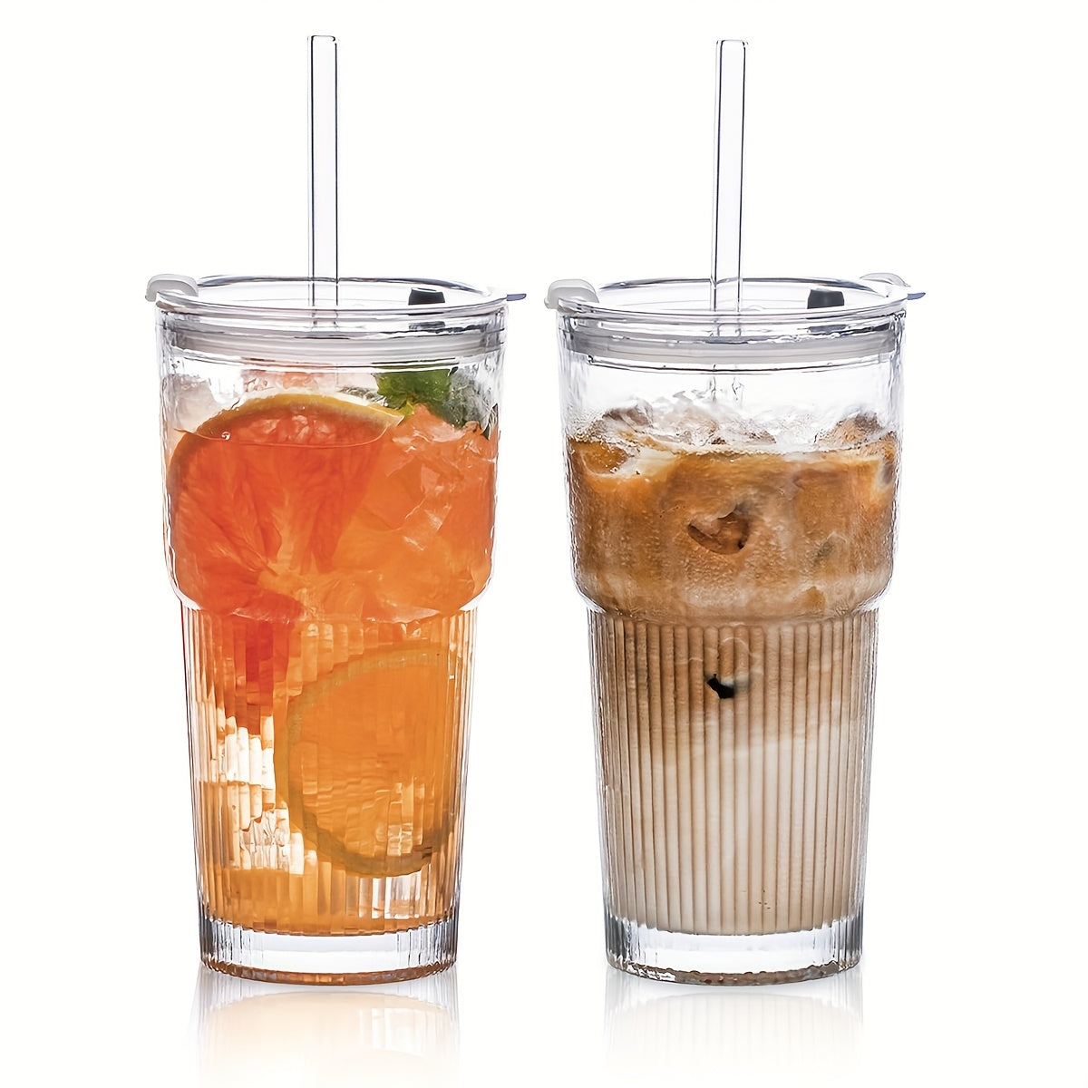 Glasses with Lid And Straw, 4/2pcs - Stylish Ribbed Design Drinking Cups for Iced Coffee Cups, Juices, Smoothies, Cold Drinks, Cleaning Brushes Included, Durable Glassware