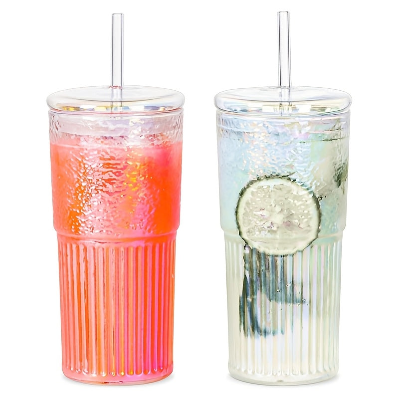 2pcs, 22oz/650ml, with Lid And Straw, Vintage Ribbed Cup Set, Vertical Striped Pattern High Borosilicate Glass Coffee Cup, Glassware Perfect for Summer And Winter Drinking Utensils