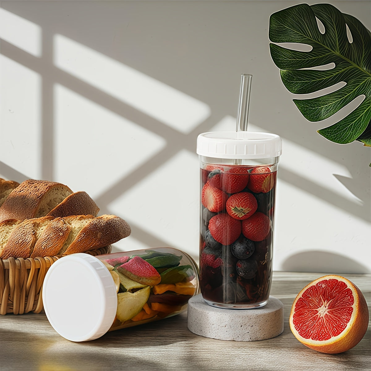 4pcs Mason Jar Drink Cups with 4 Bamboo Lids, Straws And Plastic Lids - Reusable Cute Boba Bottle, Iced Coffee Cup, Bubble Tea Travel Flask, Smoothie, Juice Jug