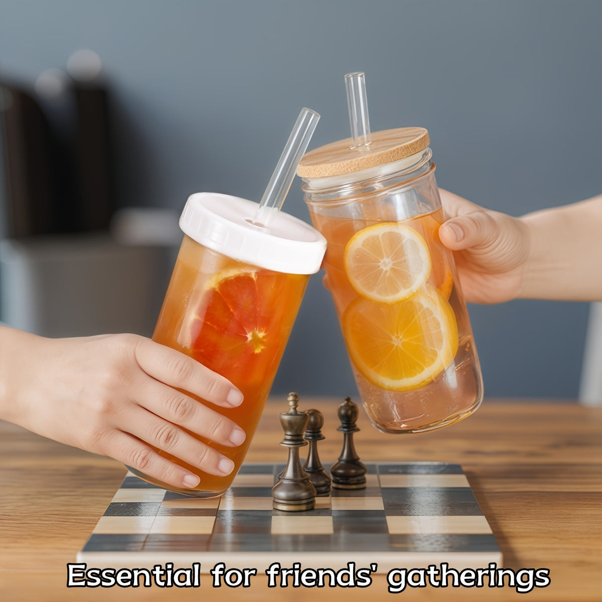4pcs Mason Jar Drink Cups with 4 Bamboo Lids, Straws And Plastic Lids - Reusable Cute Boba Bottle, Iced Coffee Cup, Bubble Tea Travel Flask, Smoothie, Juice Jug
